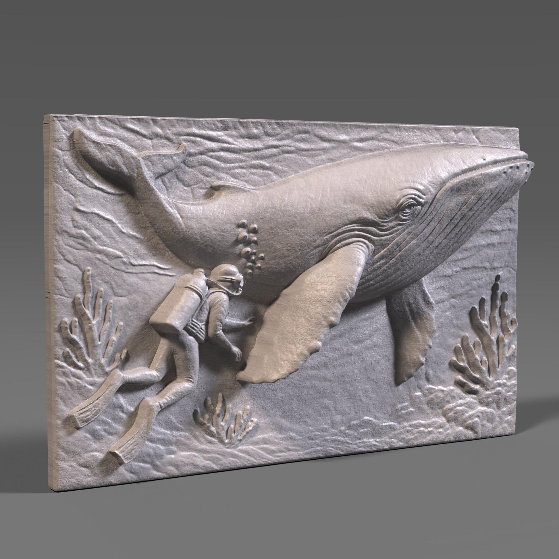 Whale & Diver 3D Relief Model: CNC, Laser, 3D Print (STL File)
