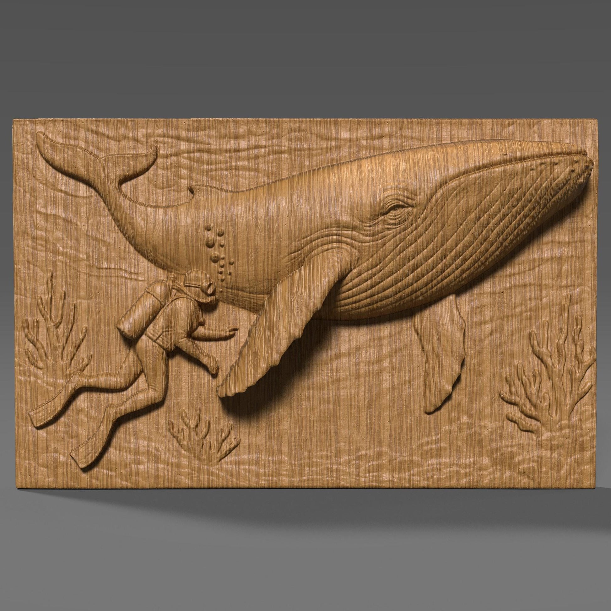 A detailed rectangular 3D bas-relief of a scuba diver peacefully swimming beside a majestic whale in an underwater ocean scene, surrounded by coral. This artwork captures a serene marine encounter and is ideal for ocean-themed summer decor, diving enthusiasts, and coastal interior styles. Suitable for CNC carving, laser engraving, or 3D printing in wood, resin, or stone for beach homes, nautical gifts, or sea life wall panels.