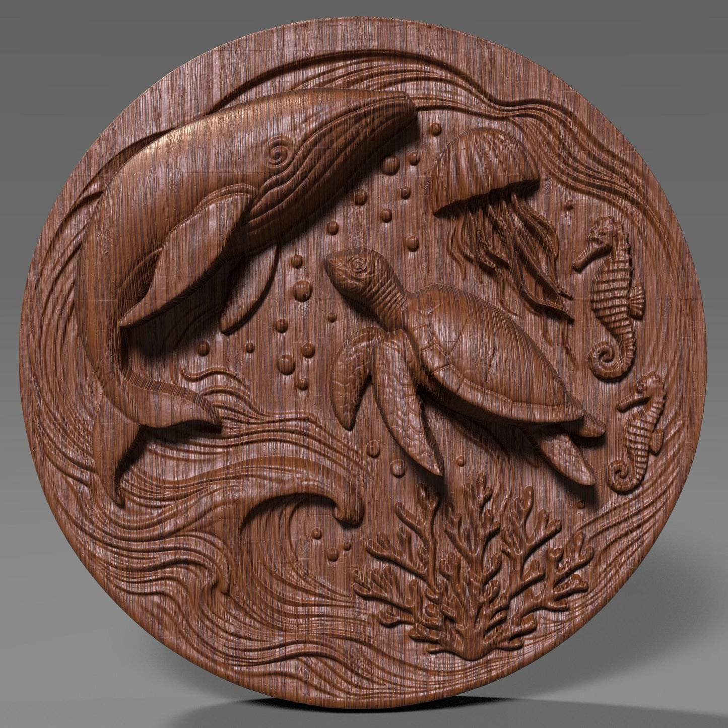 Highly detailed ocean-themed bas relief featuring a majestic sea turtle, graceful whale, elegant jellyfish, and playful seahorses, all set in a dynamic underwater swirl of coral reefs and bubbles. This summer marine design is perfect for wall art, CNC carving, laser engraving, or 3D printing, capturing the essence of ocean life and coastal vibes. Ideal as a decorative gift for ocean lovers, summer events, beach homes, and aquatic-themed decor.