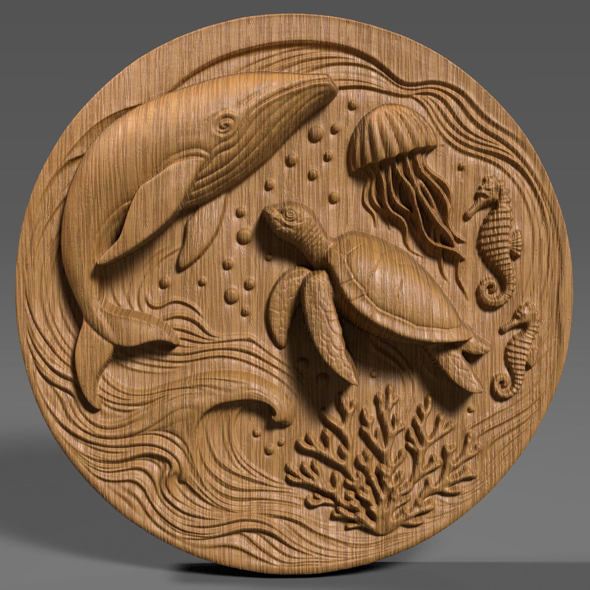 Highly detailed ocean-themed bas relief featuring a majestic sea turtle, graceful whale, elegant jellyfish, and playful seahorses, all set in a dynamic underwater swirl of coral reefs and bubbles. This summer marine design is perfect for wall art, CNC carving, laser engraving, or 3D printing, capturing the essence of ocean life and coastal vibes. Ideal as a decorative gift for ocean lovers, summer events, beach homes, and aquatic-themed decor.