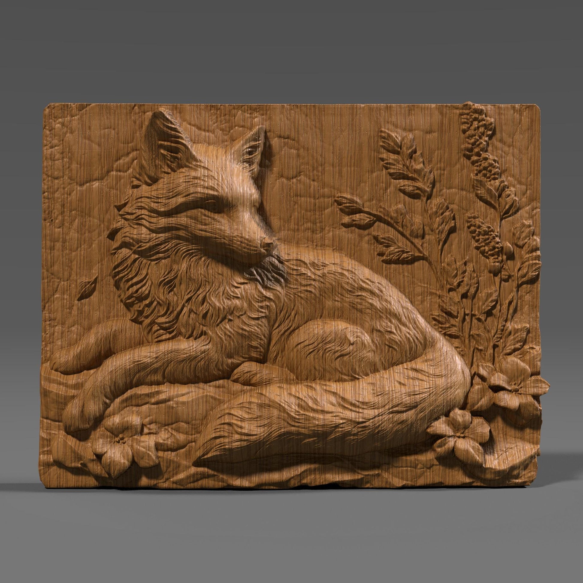 A beautifully detailed 3D bas-relief of a serene fox resting amidst forest foliage and blooming flowers, carved into a rectangular slab. The realistic fur texture and botanical elements evoke a tranquil woodland scene, making it ideal for rustic home decor or nature lovers. Perfect for CNC carving, laser engraving, or 3D printing in materials like wood, resin, or stone—great for cozy cabins, summer lodges, or wildlife-themed interiors.