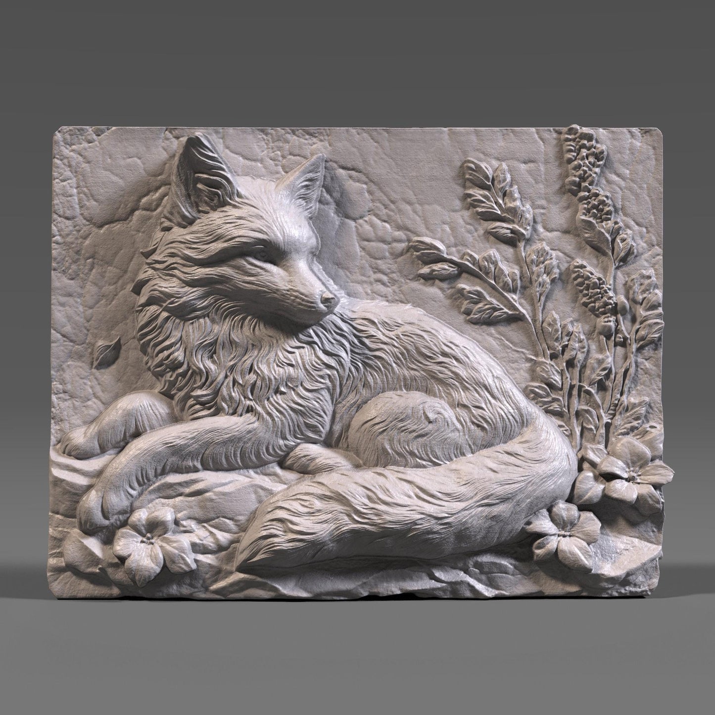 A beautifully detailed 3D bas-relief of a serene fox resting amidst forest foliage and blooming flowers, carved into a rectangular slab. The realistic fur texture and botanical elements evoke a tranquil woodland scene, making it ideal for rustic home decor or nature lovers. Perfect for CNC carving, laser engraving, or 3D printing in materials like wood, resin, or stone—great for cozy cabins, summer lodges, or wildlife-themed interiors.