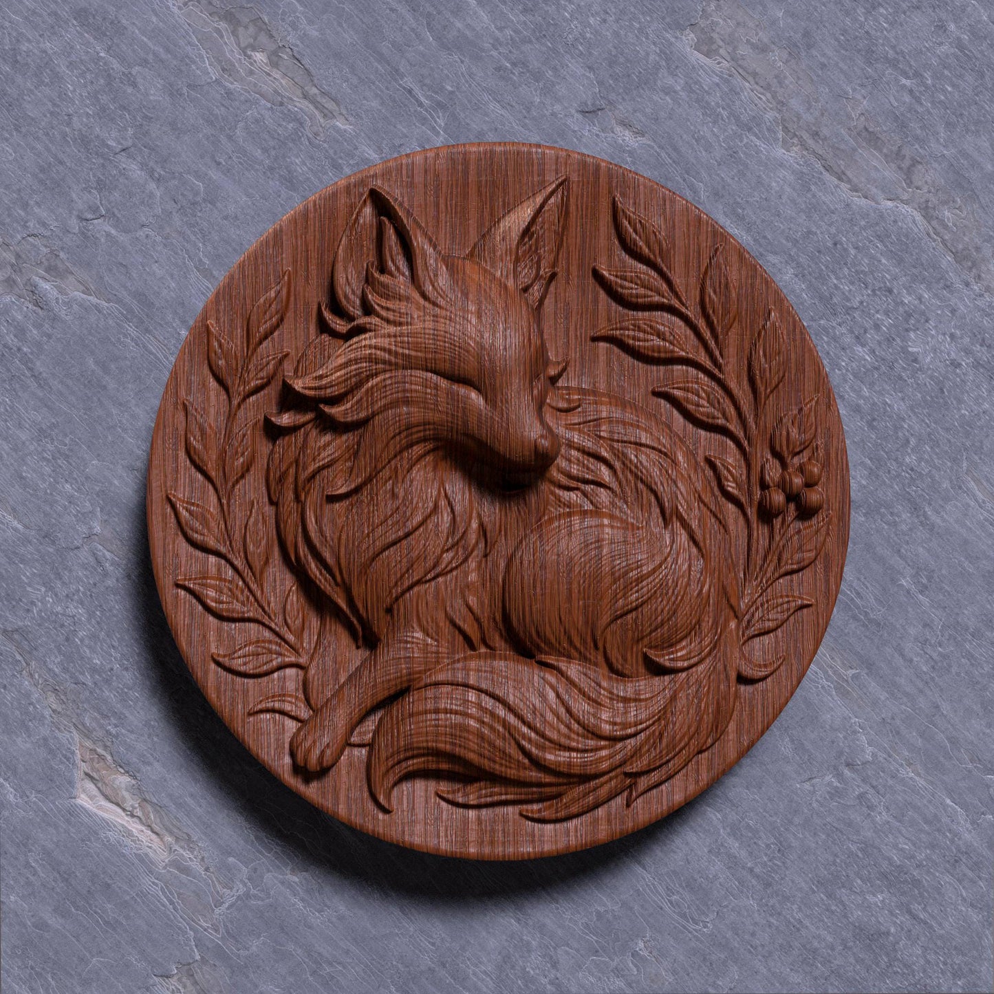 Intricately carved round 3D relief of a curled fox surrounded by elegant leaves and forest berries, designed as a woodland-themed medallion. This summer-inspired nature artwork is ideal for rustic home decor, forest lovers, and animal-themed interiors. Perfect for CNC carving, laser engraving, or 3D printing in wood, stone, or resin. A charming and cozy touch for cottages, wildlife wall art, or handcrafted seasonal gifts.