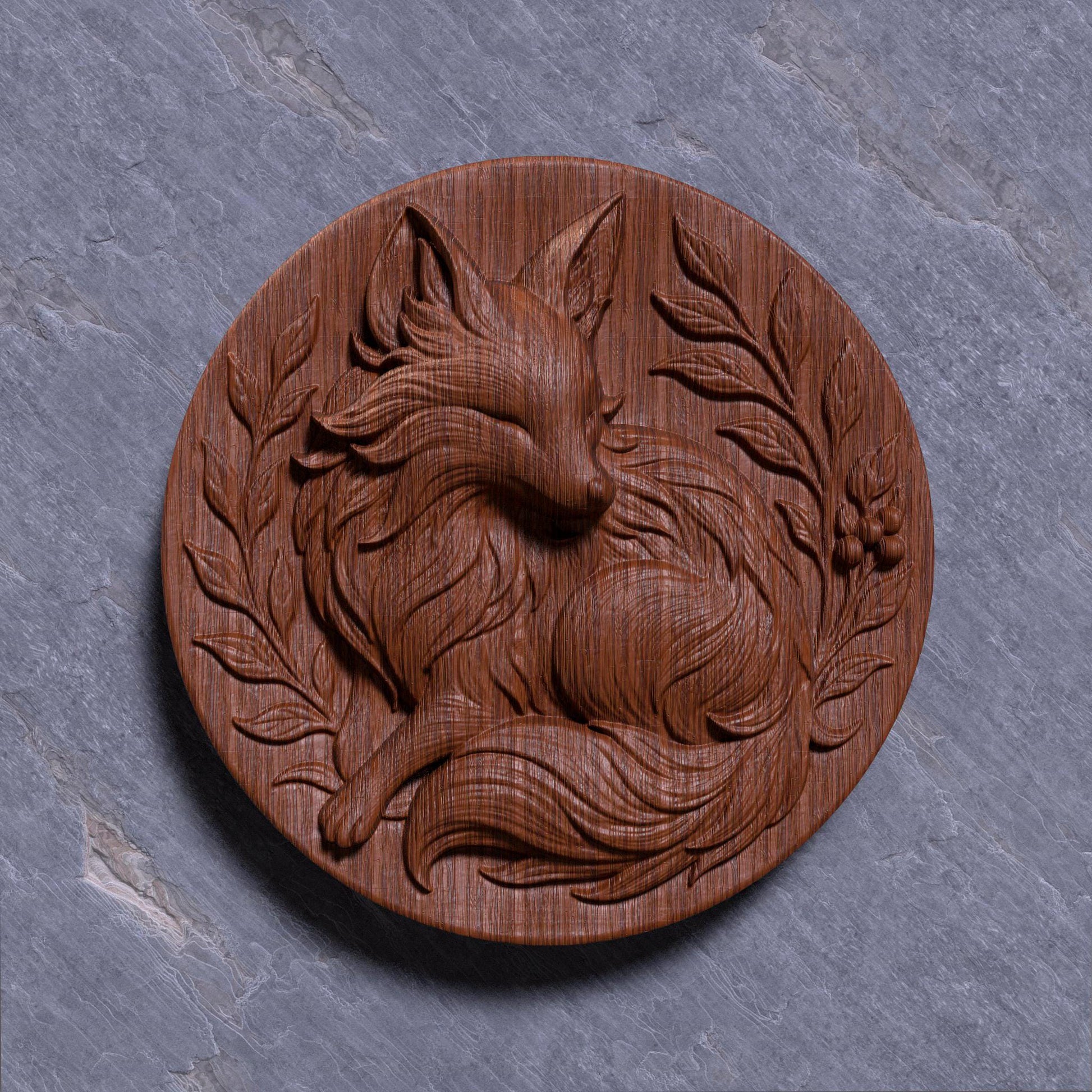 Intricately carved round 3D relief of a curled fox surrounded by elegant leaves and forest berries, designed as a woodland-themed medallion. This summer-inspired nature artwork is ideal for rustic home decor, forest lovers, and animal-themed interiors. Perfect for CNC carving, laser engraving, or 3D printing in wood, stone, or resin. A charming and cozy touch for cottages, wildlife wall art, or handcrafted seasonal gifts.
