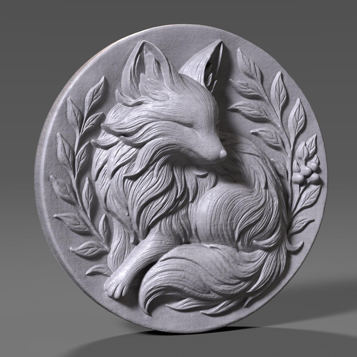 Fox Medallion STL File: Floral Bas Relief 3D Print Decor