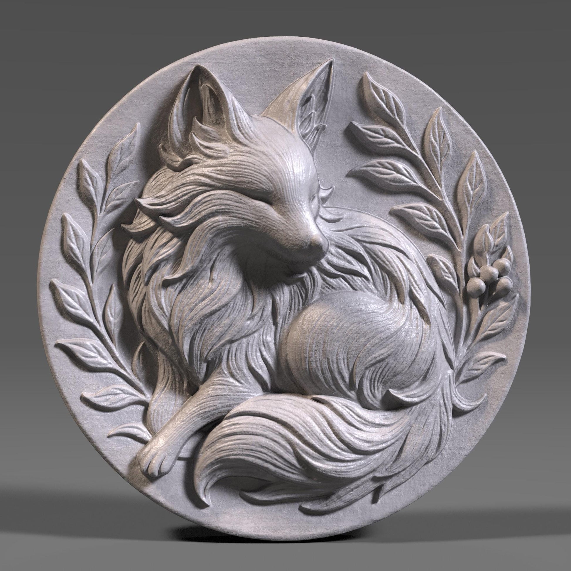 Intricately carved round 3D relief of a curled fox surrounded by elegant leaves and forest berries, designed as a woodland-themed medallion. This summer-inspired nature artwork is ideal for rustic home decor, forest lovers, and animal-themed interiors. Perfect for CNC carving, laser engraving, or 3D printing in wood, stone, or resin. A charming and cozy touch for cottages, wildlife wall art, or handcrafted seasonal gifts.