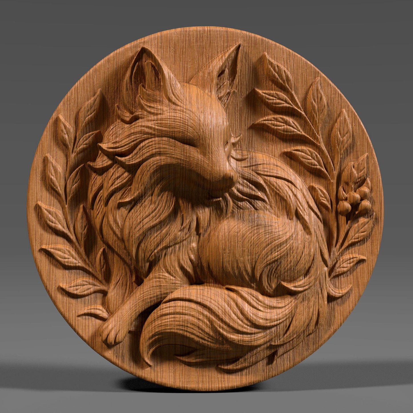 Intricately carved round 3D relief of a curled fox surrounded by elegant leaves and forest berries, designed as a woodland-themed medallion. This summer-inspired nature artwork is ideal for rustic home decor, forest lovers, and animal-themed interiors. Perfect for CNC carving, laser engraving, or 3D printing in wood, stone, or resin. A charming and cozy touch for cottages, wildlife wall art, or handcrafted seasonal gifts.