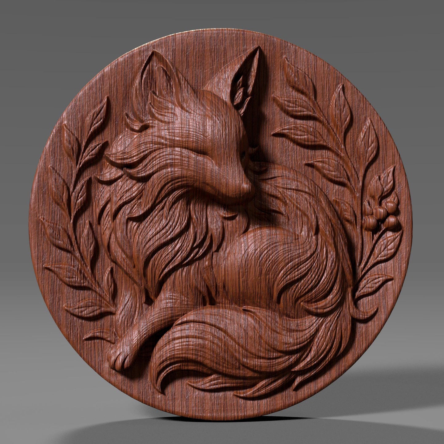Intricately carved round 3D relief of a curled fox surrounded by elegant leaves and forest berries, designed as a woodland-themed medallion. This summer-inspired nature artwork is ideal for rustic home decor, forest lovers, and animal-themed interiors. Perfect for CNC carving, laser engraving, or 3D printing in wood, stone, or resin. A charming and cozy touch for cottages, wildlife wall art, or handcrafted seasonal gifts.