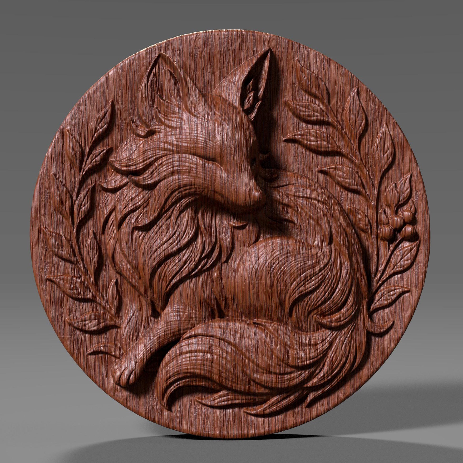 Intricately carved round 3D relief of a curled fox surrounded by elegant leaves and forest berries, designed as a woodland-themed medallion. This summer-inspired nature artwork is ideal for rustic home decor, forest lovers, and animal-themed interiors. Perfect for CNC carving, laser engraving, or 3D printing in wood, stone, or resin. A charming and cozy touch for cottages, wildlife wall art, or handcrafted seasonal gifts.