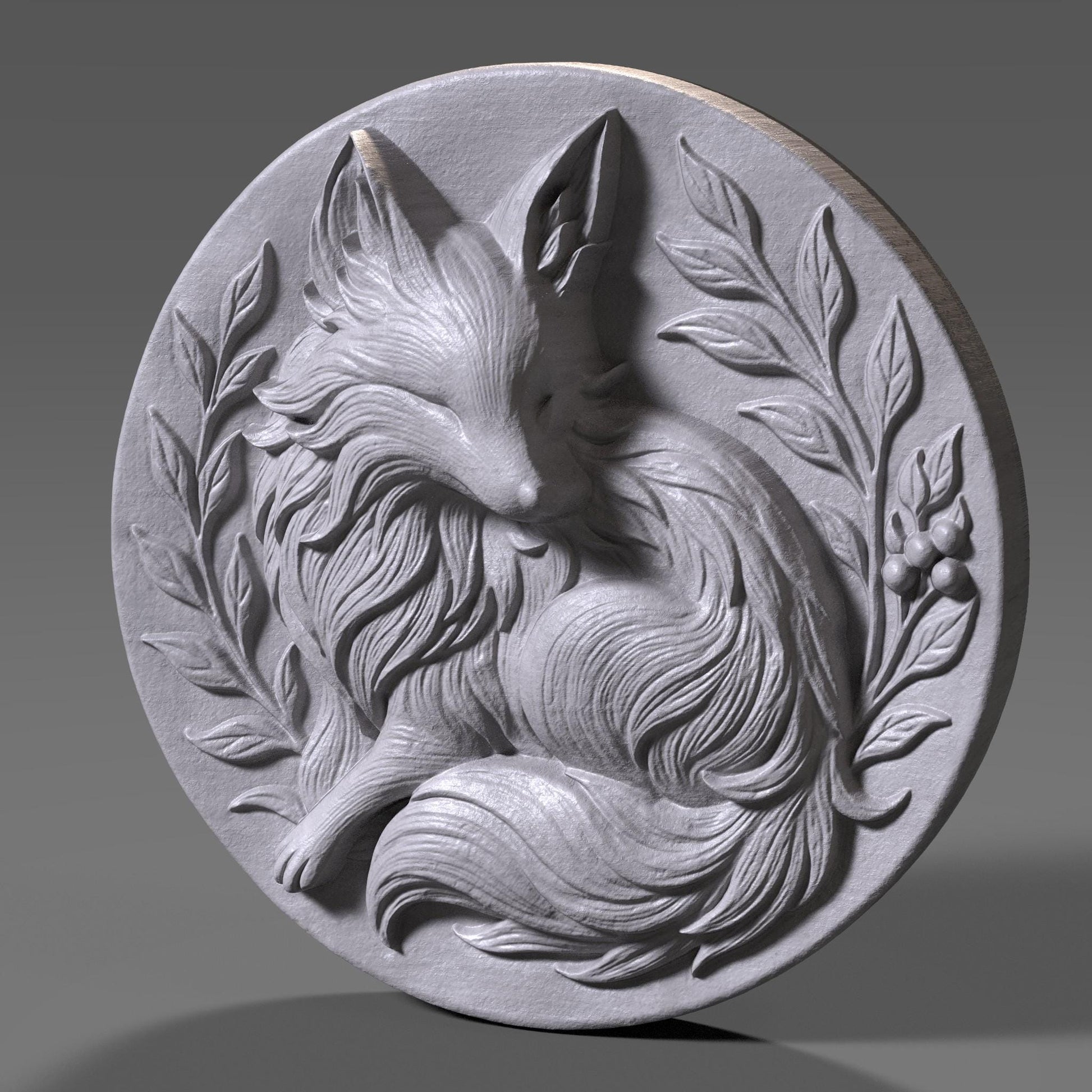 Fox Medallion STL File: Floral Bas Relief 3D Print Decor