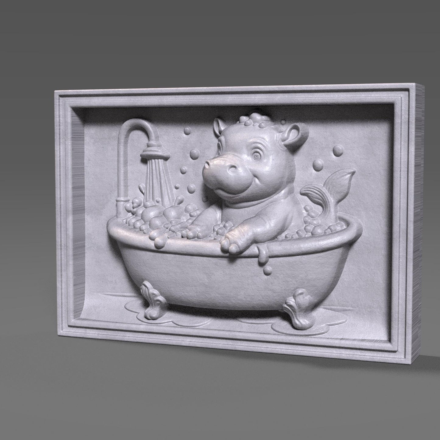 Baby Hippo in Bathtub 3D Relief Model: CNC, Laser, 3D Print (STL File)