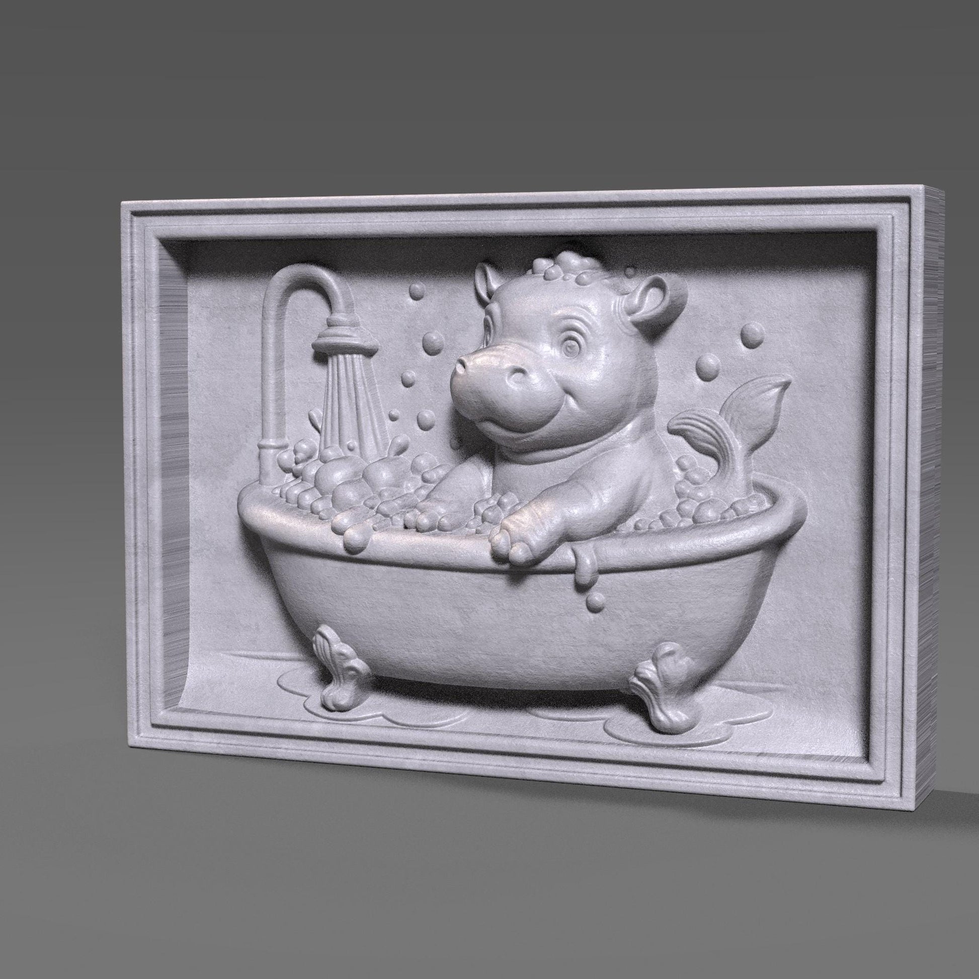 Baby Hippo in Bathtub 3D Relief Model: CNC, Laser, 3D Print (STL File)