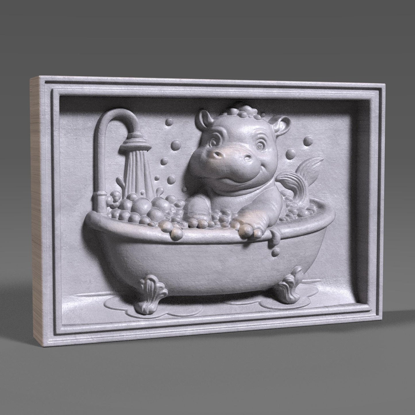 Baby Hippo in Bathtub 3D Relief Model: CNC, Laser, 3D Print (STL File)