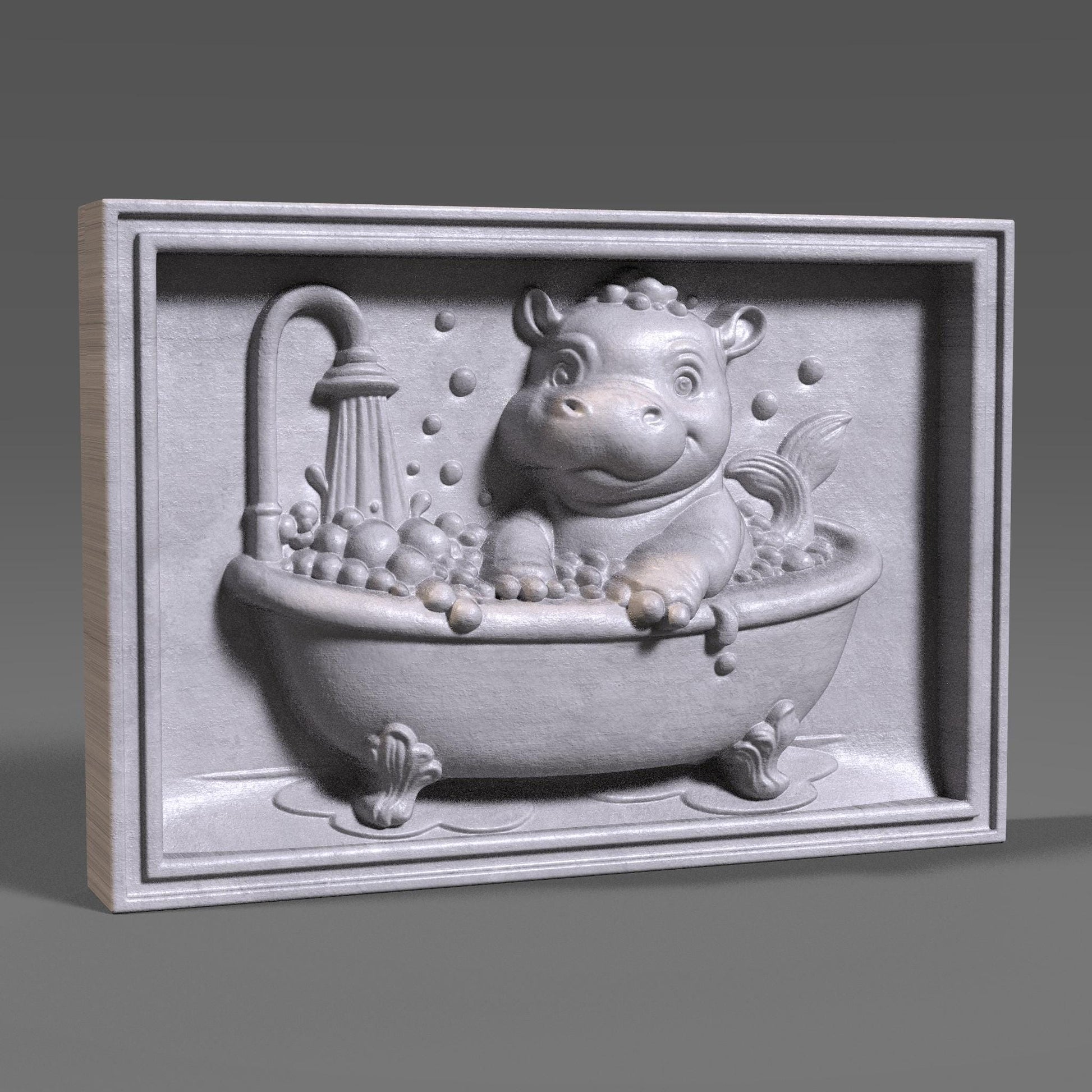 Baby Hippo in Bathtub 3D Relief Model: CNC, Laser, 3D Print (STL File)
