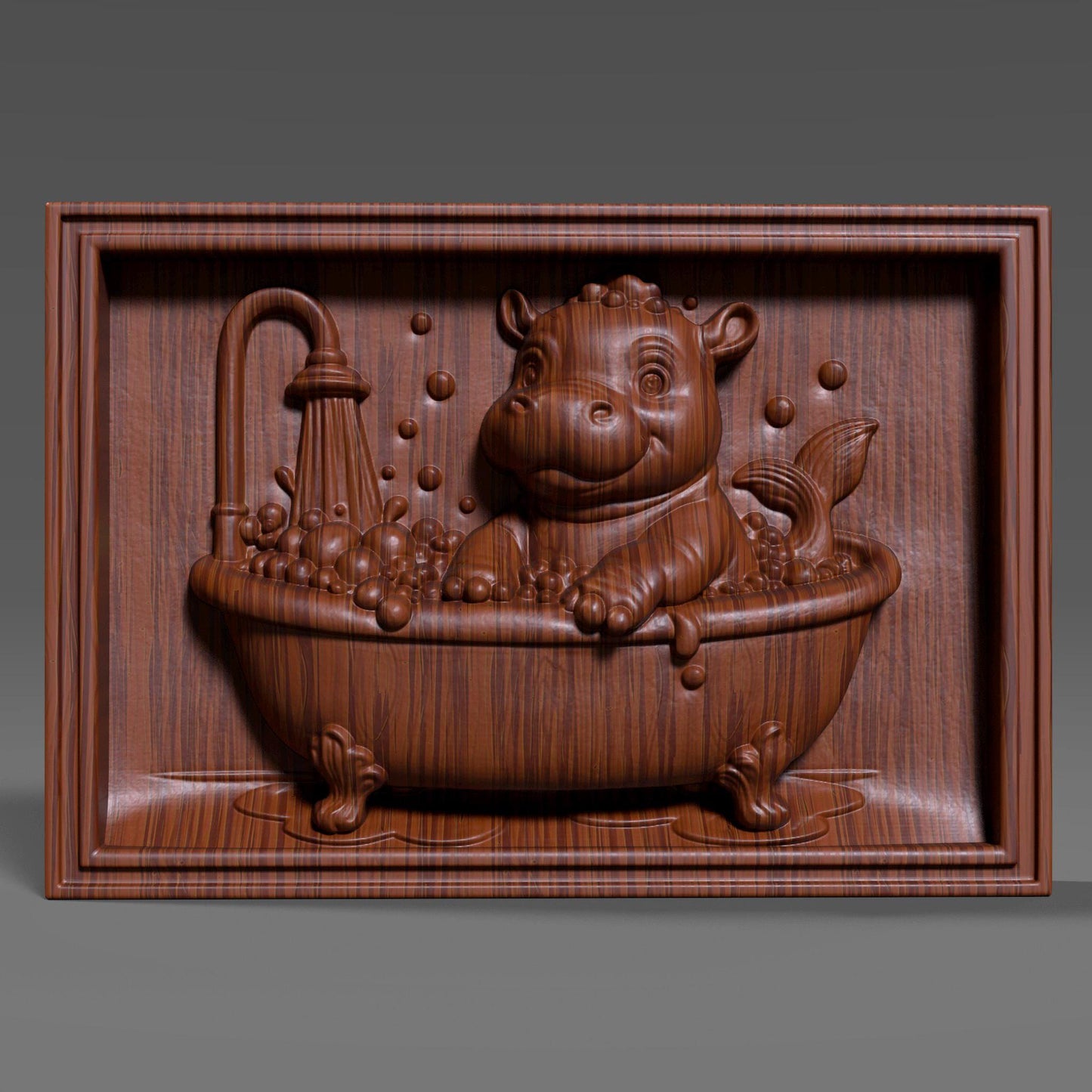 Baby Hippo in Bathtub 3D Relief Model: CNC, Laser, 3D Print (STL File)