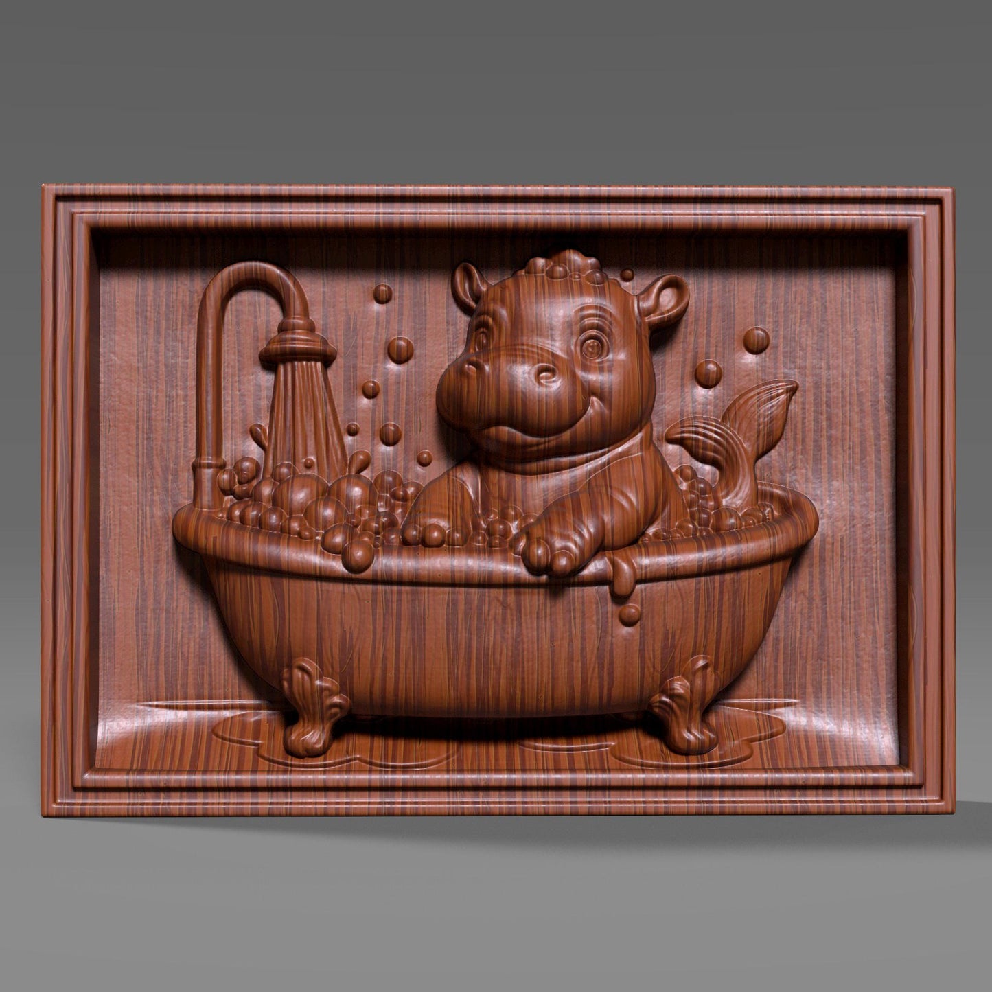 Baby Hippo in Bathtub 3D Relief Model: CNC, Laser, 3D Print (STL File)