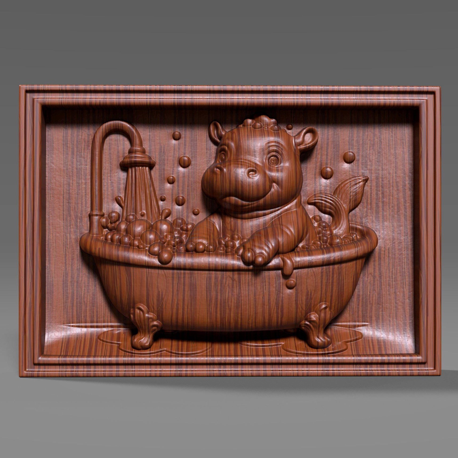 Baby Hippo in Bathtub 3D Relief Model: CNC, Laser, 3D Print (STL File)