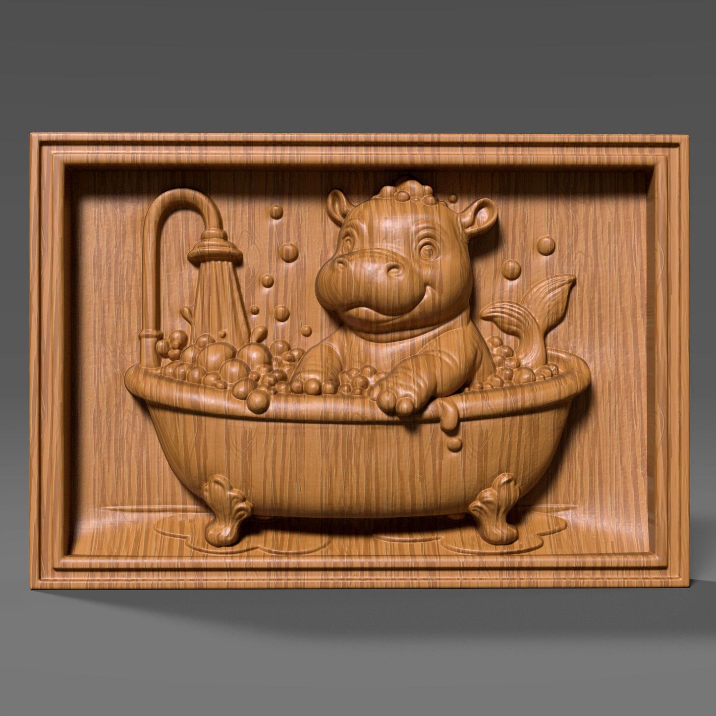 A delightful bas-relief carving of an adorable baby hippo playfully bathing in a clawfoot tub filled with bubbles under a shower, designed in a cheerful summer theme. The hippo has a mermaid-like tail, making it whimsical and perfect for kids’ room décor, nursery art, or baby shower gifts. Ideal for CNC carving, laser engraving, or 3D printing in wood, resin, or ivory-style material, bringing joy and warmth to any child-friendly space.
