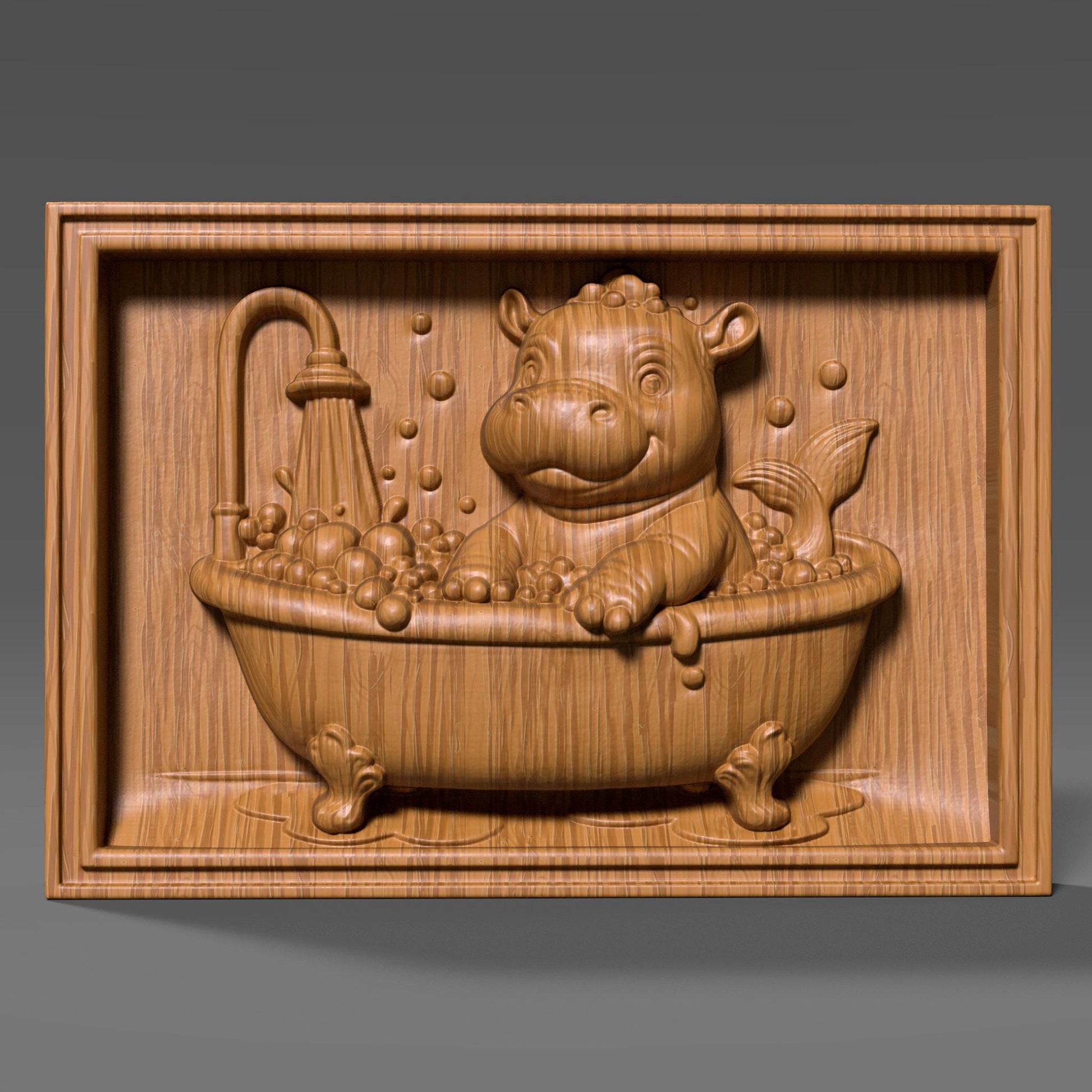 A delightful bas-relief carving of an adorable baby hippo playfully bathing in a clawfoot tub filled with bubbles under a shower, designed in a cheerful summer theme. The hippo has a mermaid-like tail, making it whimsical and perfect for kids’ room décor, nursery art, or baby shower gifts. Ideal for CNC carving, laser engraving, or 3D printing in wood, resin, or ivory-style material, bringing joy and warmth to any child-friendly space.