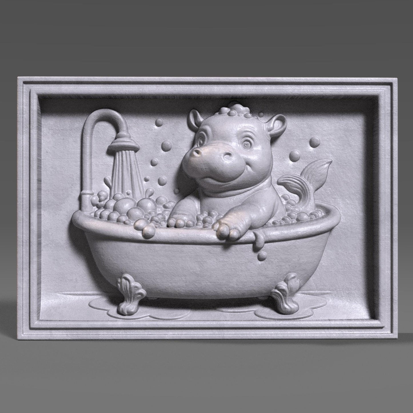 A delightful bas-relief carving of an adorable baby hippo playfully bathing in a clawfoot tub filled with bubbles under a shower, designed in a cheerful summer theme. The hippo has a mermaid-like tail, making it whimsical and perfect for kids’ room décor, nursery art, or baby shower gifts. Ideal for CNC carving, laser engraving, or 3D printing in wood, resin, or ivory-style material, bringing joy and warmth to any child-friendly space.
