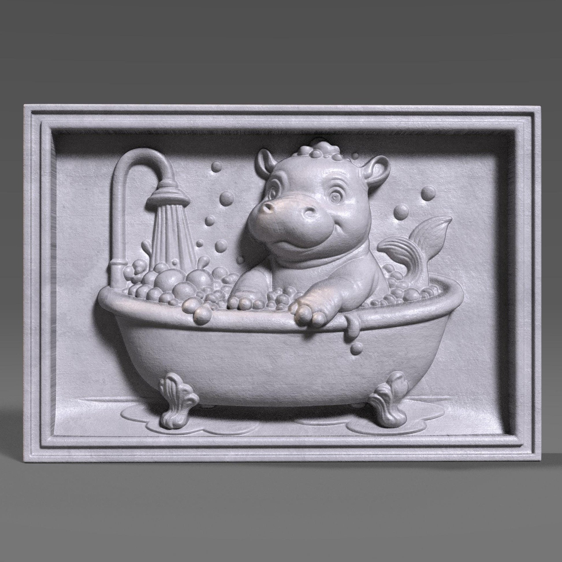 A delightful bas-relief carving of an adorable baby hippo playfully bathing in a clawfoot tub filled with bubbles under a shower, designed in a cheerful summer theme. The hippo has a mermaid-like tail, making it whimsical and perfect for kids’ room décor, nursery art, or baby shower gifts. Ideal for CNC carving, laser engraving, or 3D printing in wood, resin, or ivory-style material, bringing joy and warmth to any child-friendly space.