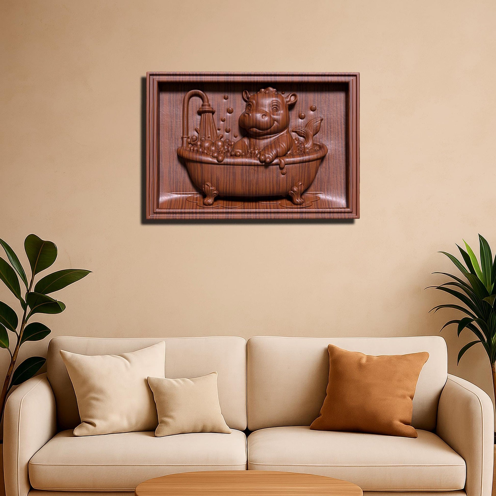 A delightful bas-relief carving of an adorable baby hippo playfully bathing in a clawfoot tub filled with bubbles under a shower, designed in a cheerful summer theme. The hippo has a mermaid-like tail, making it whimsical and perfect for kids’ room décor, nursery art, or baby shower gifts. Ideal for CNC carving, laser engraving, or 3D printing in wood, resin, or ivory-style material, bringing joy and warmth to any child-friendly space.