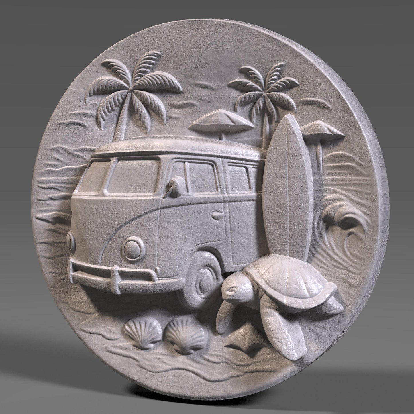Surf Van & Sea Turtle 3D Relief Model: Coastal Wall Art (STL File)