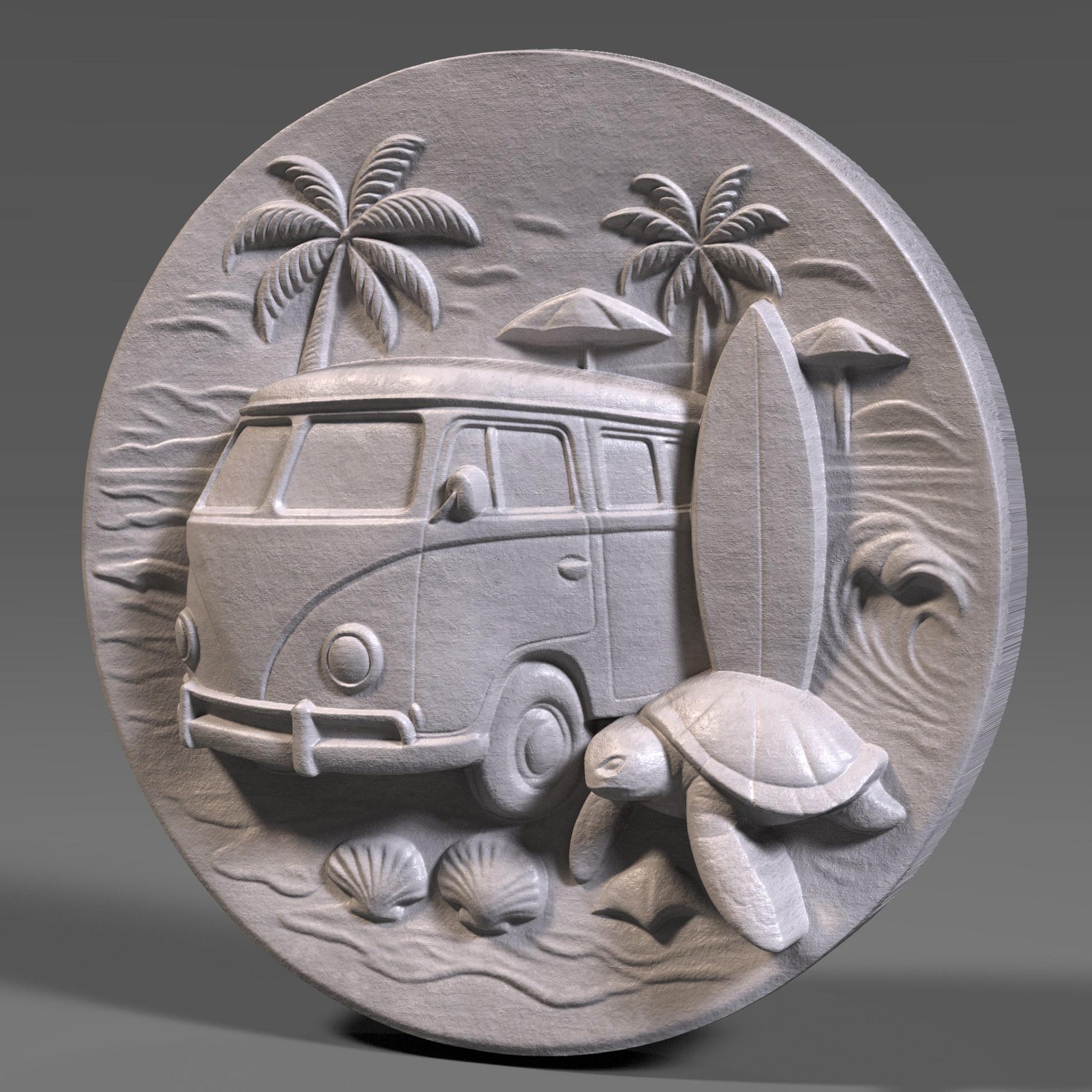 Surf Van & Sea Turtle 3D Relief Model: Coastal Wall Art (STL File)