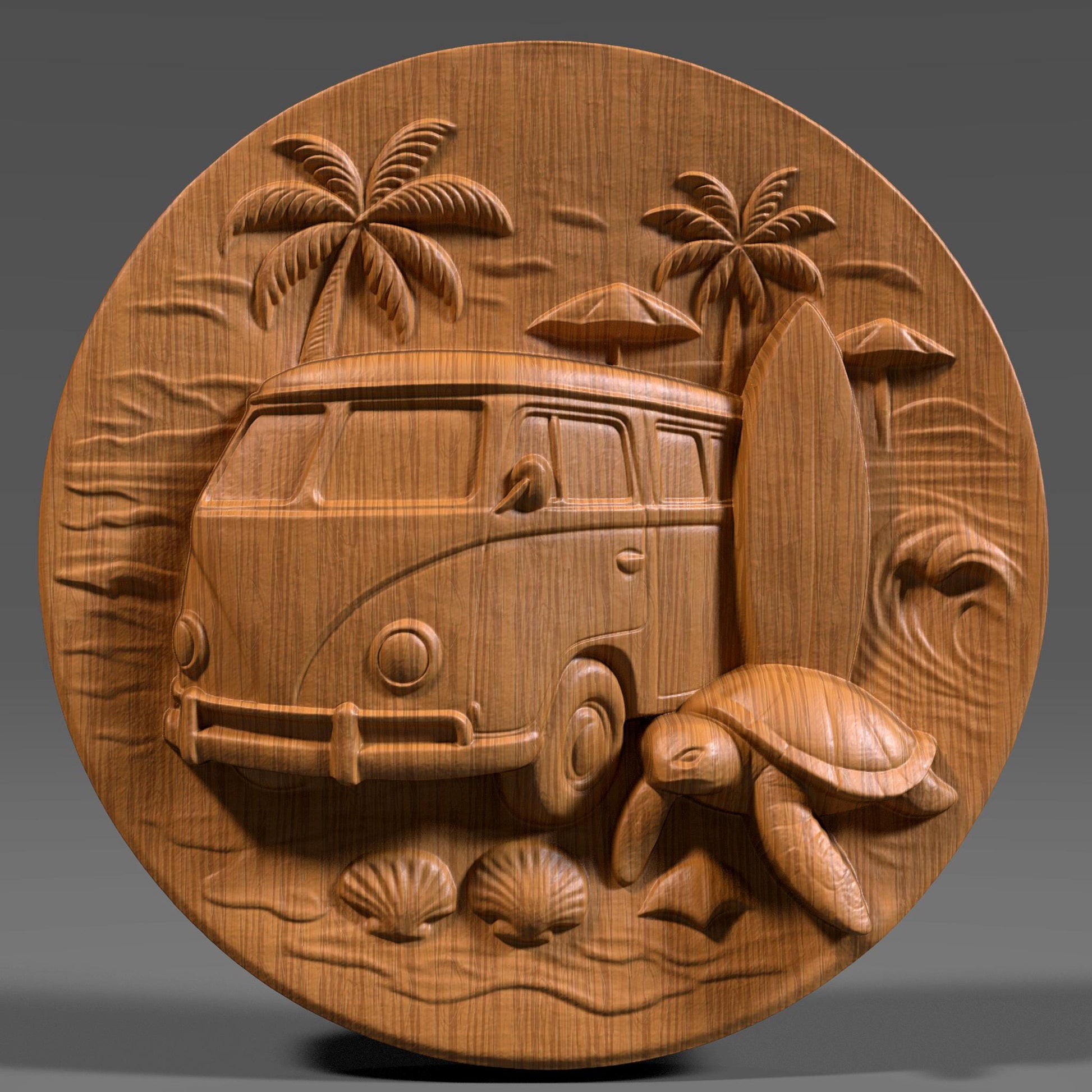 Surf Van & Sea Turtle 3D Relief Model: Coastal Wall Art (STL File)