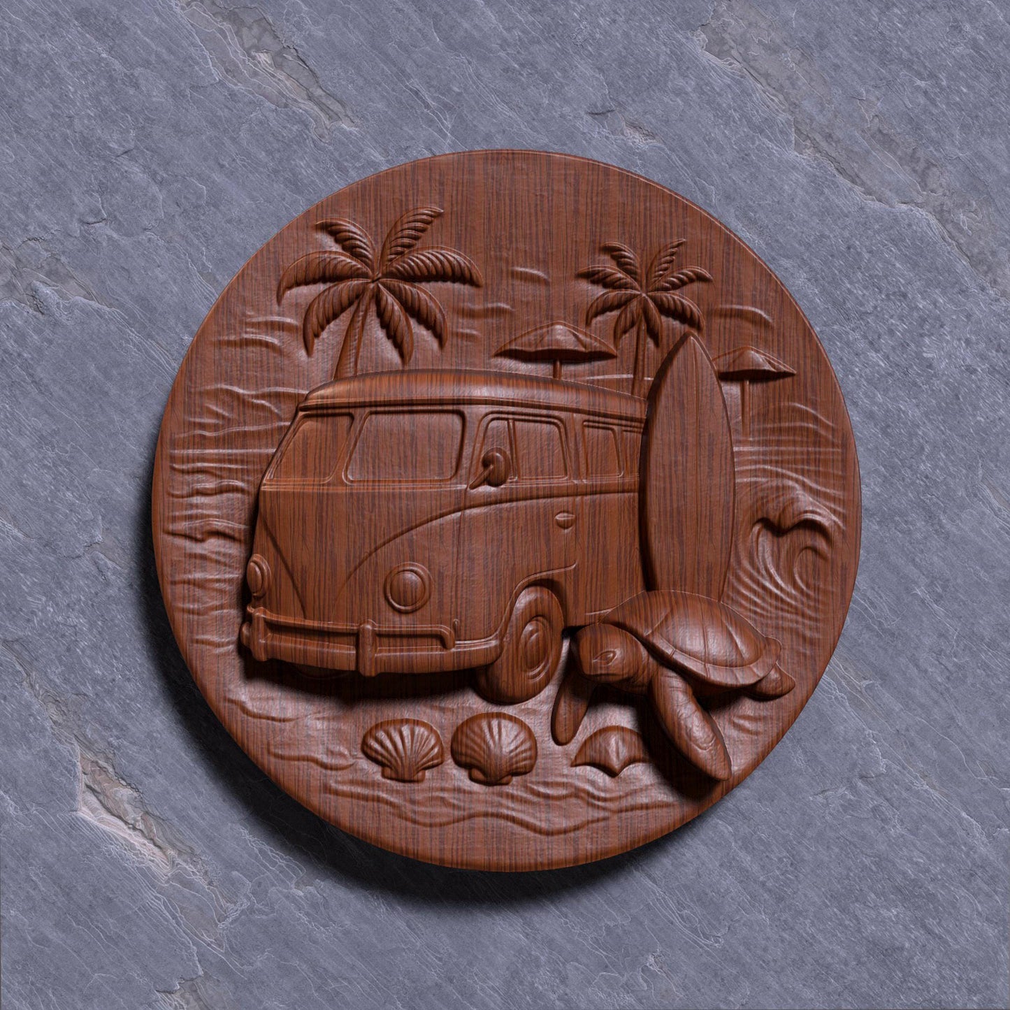 A tropical bas-relief carving featuring a retro surf van, a sea turtle, surfboard, palm trees, umbrellas, waves, and seashells on a round slab. This summery beach scene radiates laid-back vacation vibes and is perfect for coastal homes, beach-themed decor, camper van lovers, or surfing fans. Ideal for CNC carving, laser engraving, or 3D printing in wood, resin, or ivory-style materials to create a cheerful and relaxing wall panel for summer decor or travel gifts.