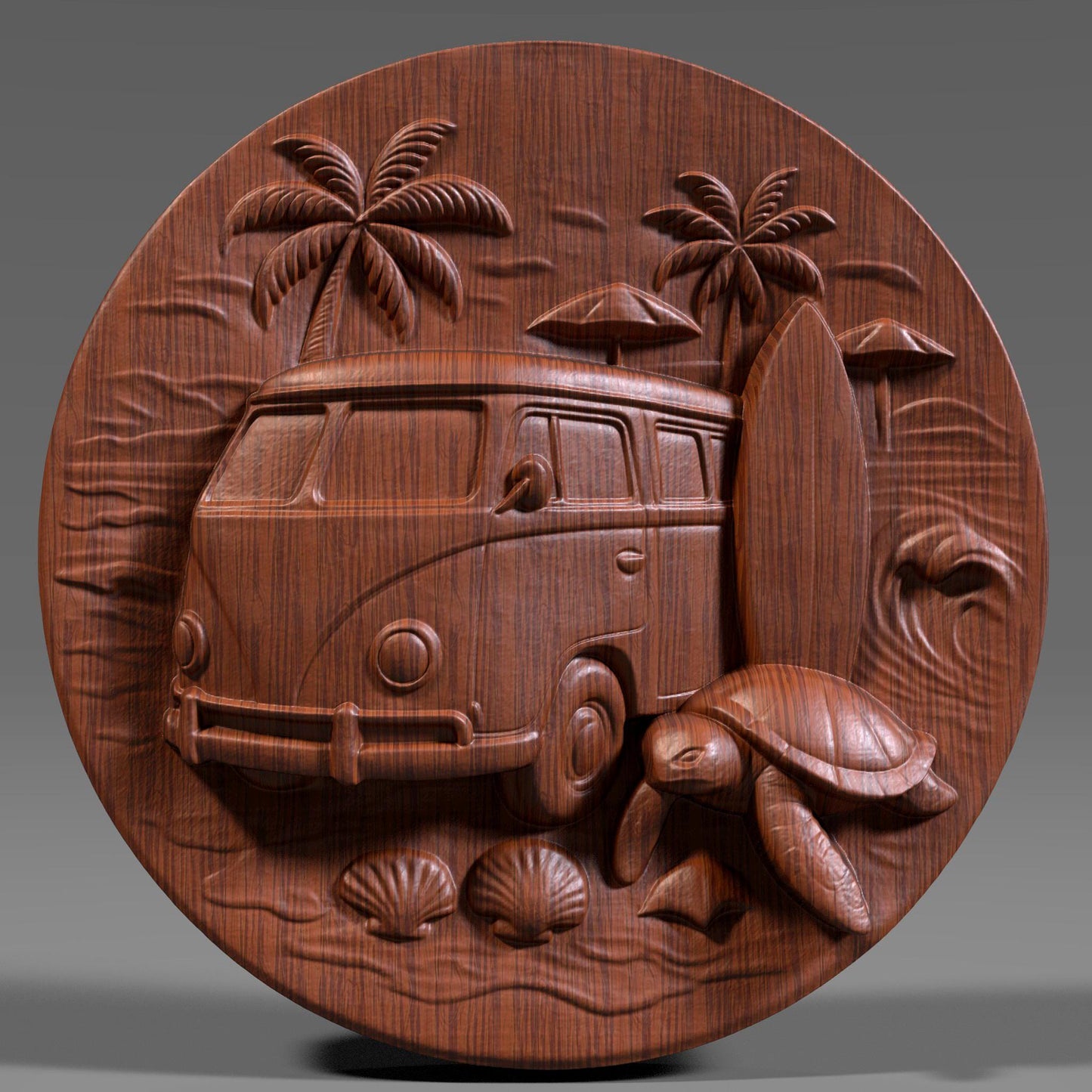 A tropical bas-relief carving featuring a retro surf van, a sea turtle, surfboard, palm trees, umbrellas, waves, and seashells on a round slab. This summery beach scene radiates laid-back vacation vibes and is perfect for coastal homes, beach-themed decor, camper van lovers, or surfing fans. Ideal for CNC carving, laser engraving, or 3D printing in wood, resin, or ivory-style materials to create a cheerful and relaxing wall panel for summer decor or travel gifts.