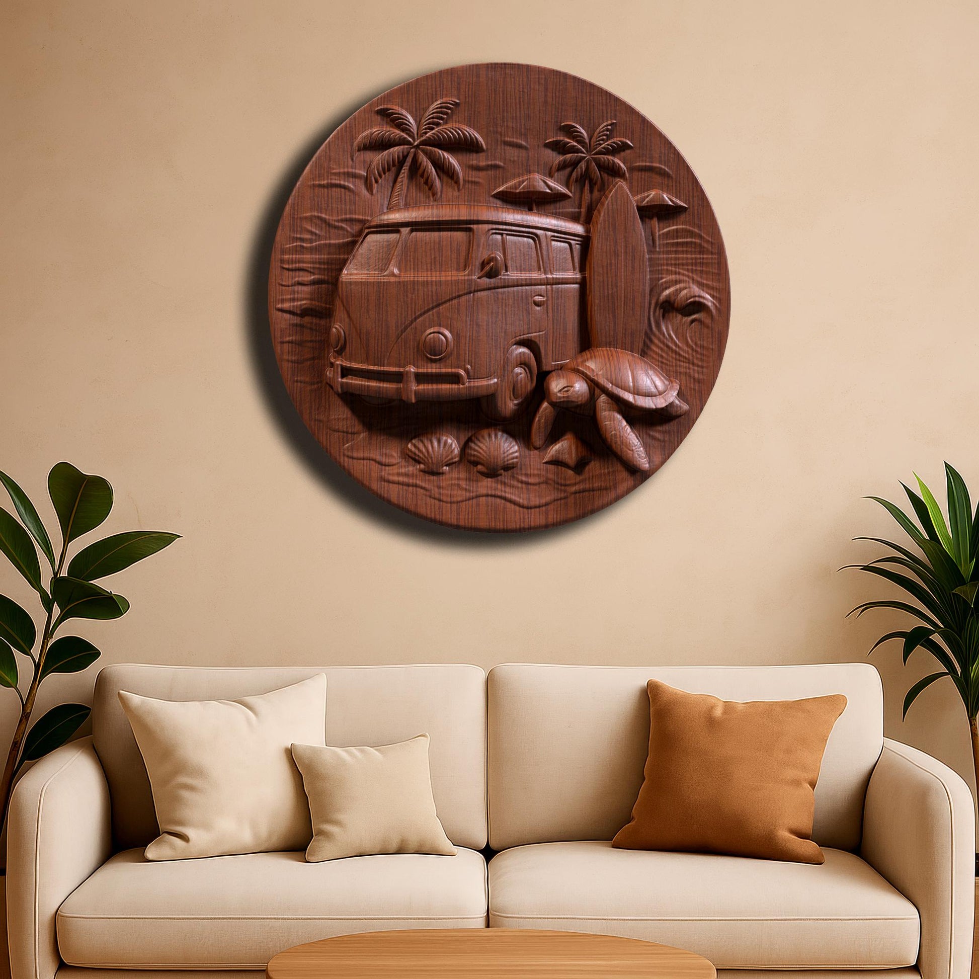 A tropical bas-relief carving featuring a retro surf van, a sea turtle, surfboard, palm trees, umbrellas, waves, and seashells on a round slab. This summery beach scene radiates laid-back vacation vibes and is perfect for coastal homes, beach-themed decor, camper van lovers, or surfing fans. Ideal for CNC carving, laser engraving, or 3D printing in wood, resin, or ivory-style materials to create a cheerful and relaxing wall panel for summer decor or travel gifts.