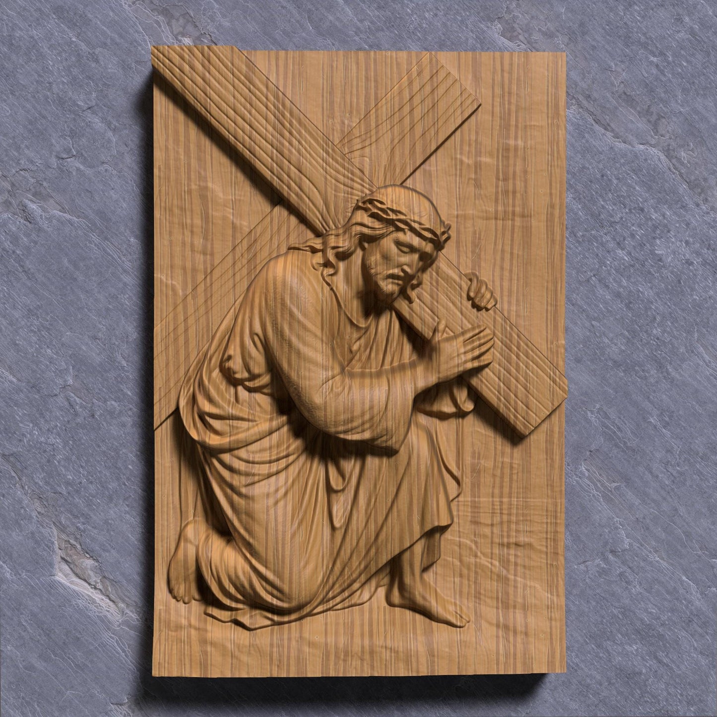 A highly detailed 3D bas-relief of Jesus Christ carrying the cross, kneeling with profound emotion and strength. Designed for CNC carving, laser engraving, or 3D printing, this STL artwork captures a sacred moment from the Passion. Perfect for Easter decor, religious gifts, or church installations. Ideal for wood, resin, or marble-like finishes, this powerful scene brings depth and spiritual reverence to any Christian wall art collection.