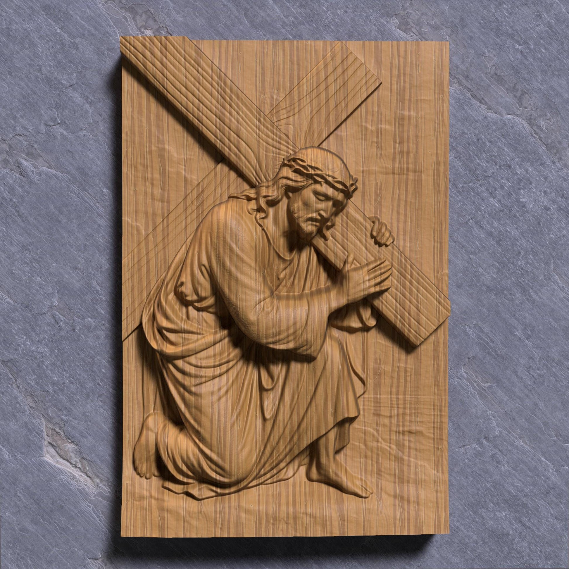 A highly detailed 3D bas-relief of Jesus Christ carrying the cross, kneeling with profound emotion and strength. Designed for CNC carving, laser engraving, or 3D printing, this STL artwork captures a sacred moment from the Passion. Perfect for Easter decor, religious gifts, or church installations. Ideal for wood, resin, or marble-like finishes, this powerful scene brings depth and spiritual reverence to any Christian wall art collection.