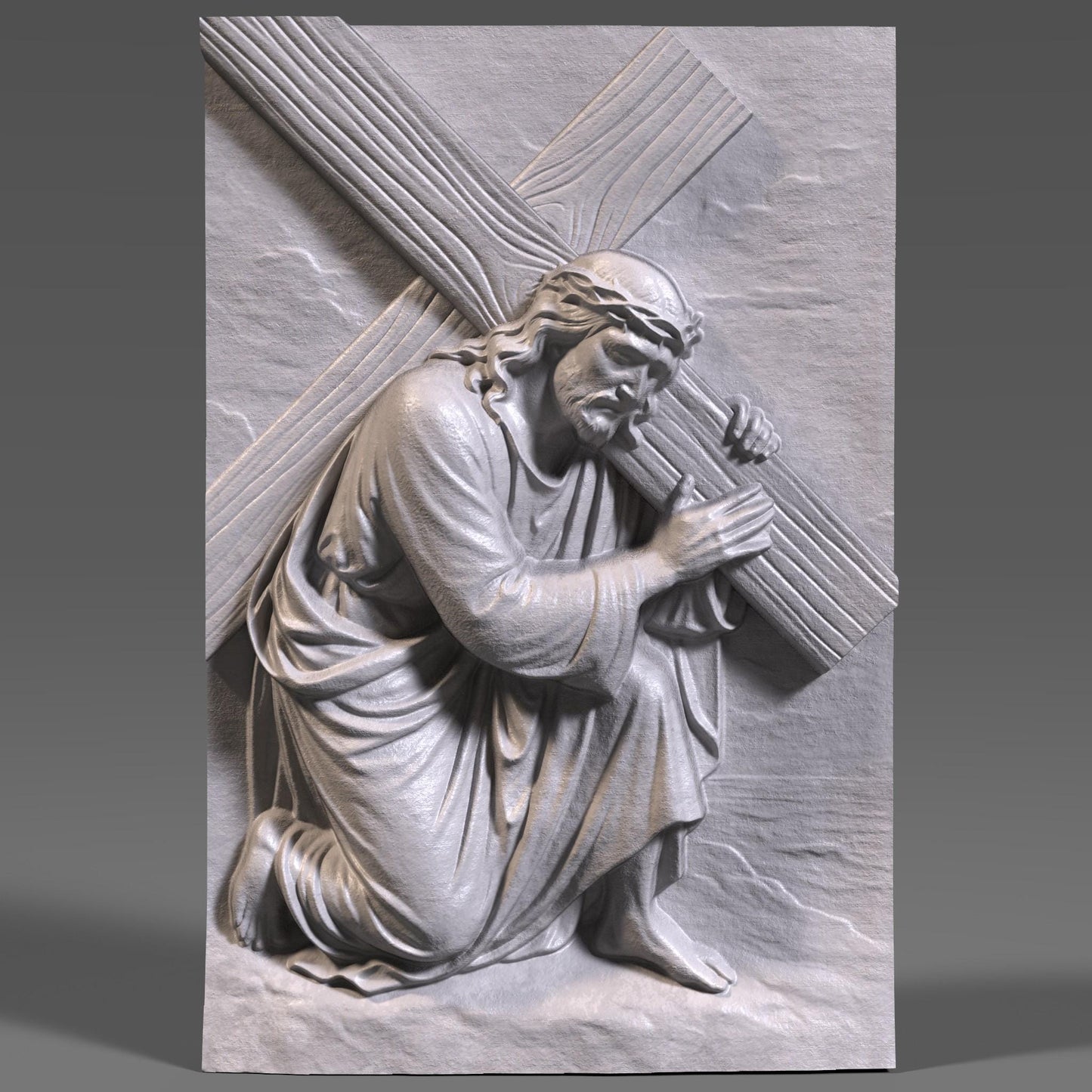 A highly detailed 3D bas-relief of Jesus Christ carrying the cross, kneeling with profound emotion and strength. Designed for CNC carving, laser engraving, or 3D printing, this STL artwork captures a sacred moment from the Passion. Perfect for Easter decor, religious gifts, or church installations. Ideal for wood, resin, or marble-like finishes, this powerful scene brings depth and spiritual reverence to any Christian wall art collection.