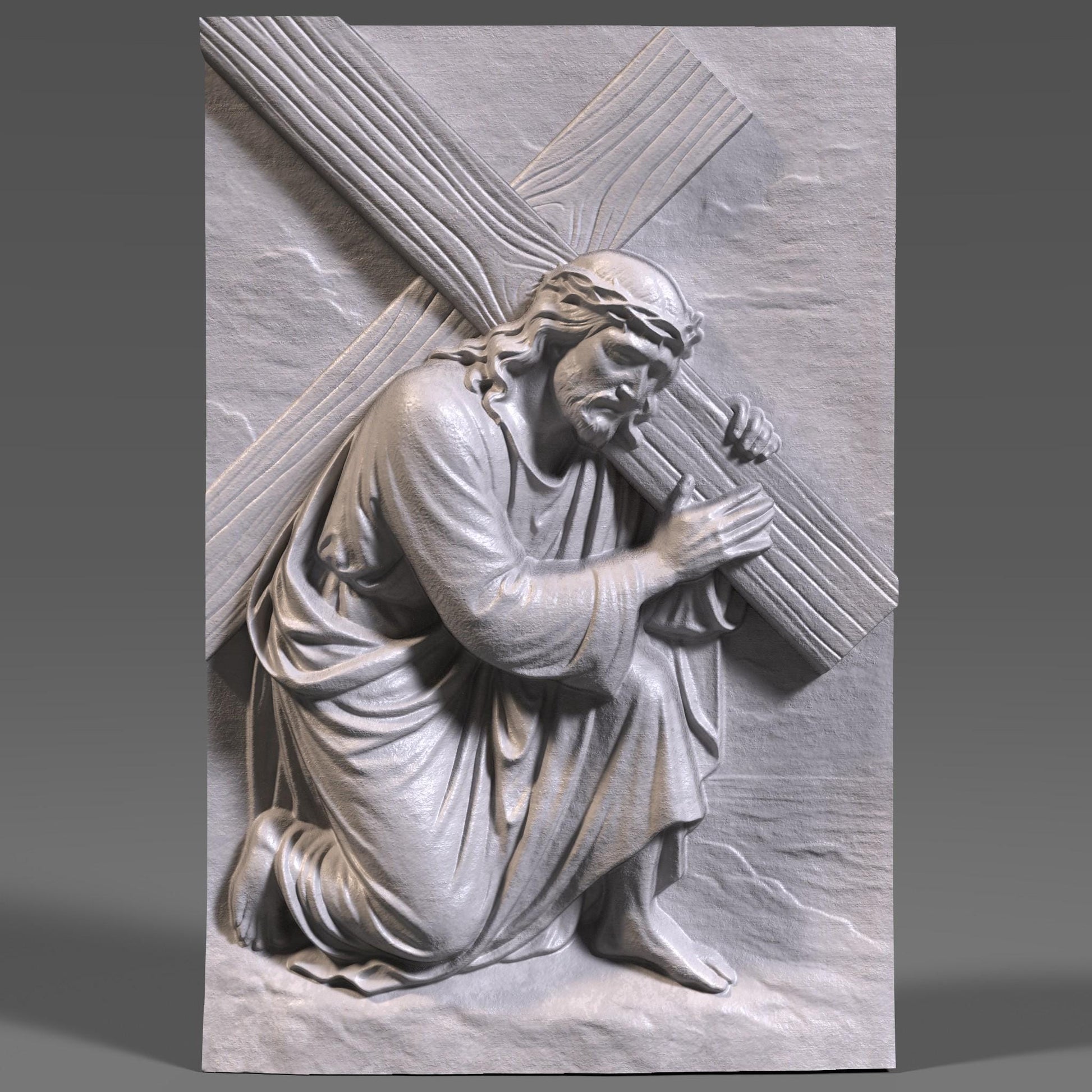A highly detailed 3D bas-relief of Jesus Christ carrying the cross, kneeling with profound emotion and strength. Designed for CNC carving, laser engraving, or 3D printing, this STL artwork captures a sacred moment from the Passion. Perfect for Easter decor, religious gifts, or church installations. Ideal for wood, resin, or marble-like finishes, this powerful scene brings depth and spiritual reverence to any Christian wall art collection.