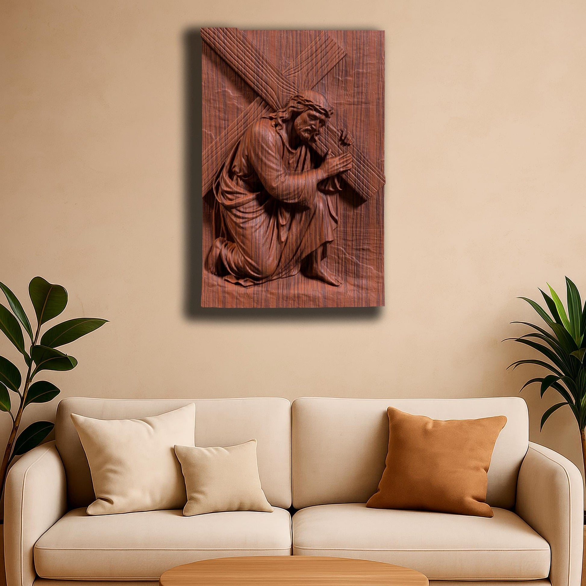 A highly detailed 3D bas-relief of Jesus Christ carrying the cross, kneeling with profound emotion and strength. Designed for CNC carving, laser engraving, or 3D printing, this STL artwork captures a sacred moment from the Passion. Perfect for Easter decor, religious gifts, or church installations. Ideal for wood, resin, or marble-like finishes, this powerful scene brings depth and spiritual reverence to any Christian wall art collection.