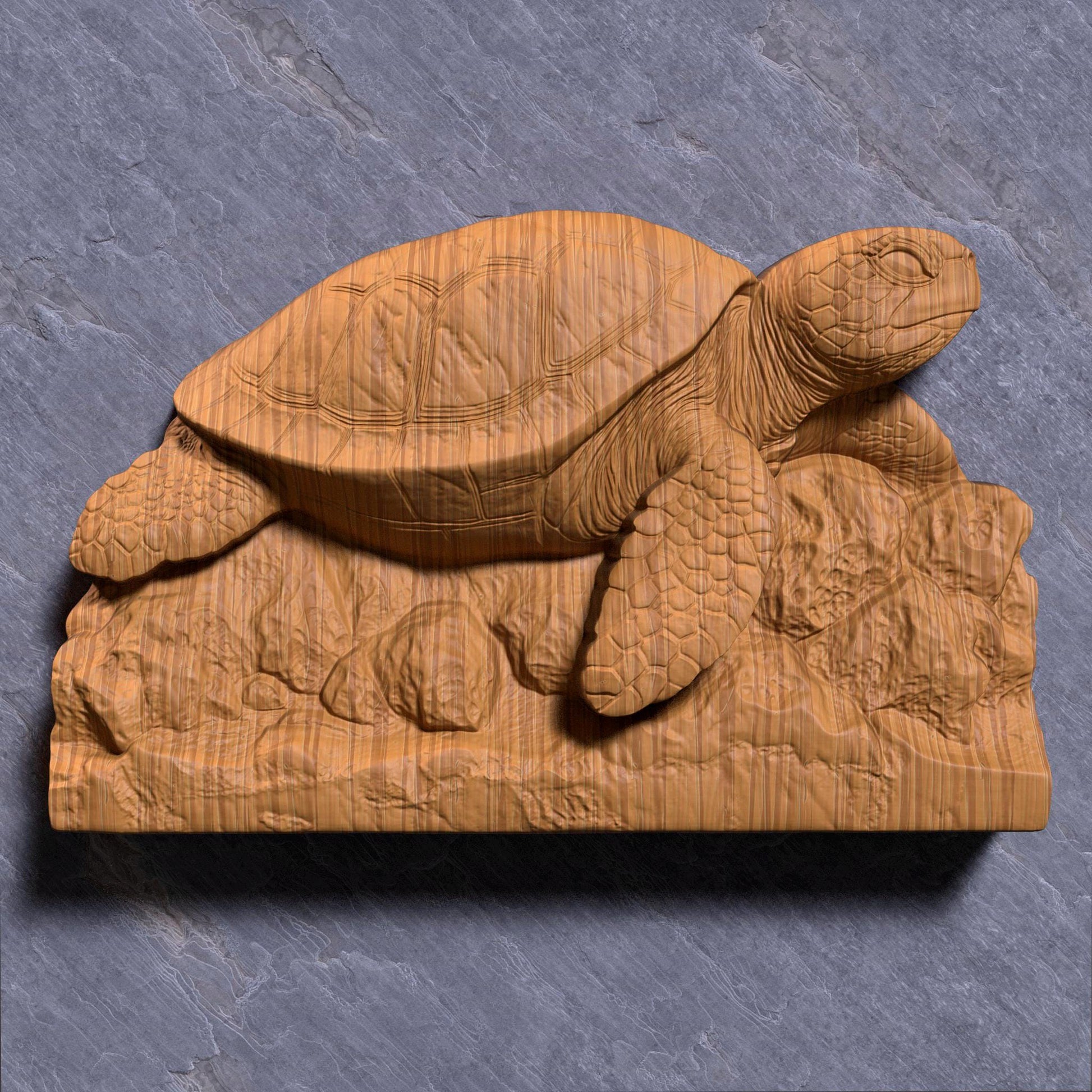 Highly detailed sea turtle bas-relief design resting on rocky ocean terrain, ideal for marine-themed wall decor or beach house accents. Perfect for CNC carving, laser engraving, or 3D printing in wood, resin, or ivory-like materials. This ocean turtle model captures realistic shell patterns and texture, making it a great digital file for coastal or summer-themed DIY projects and artisan creations.