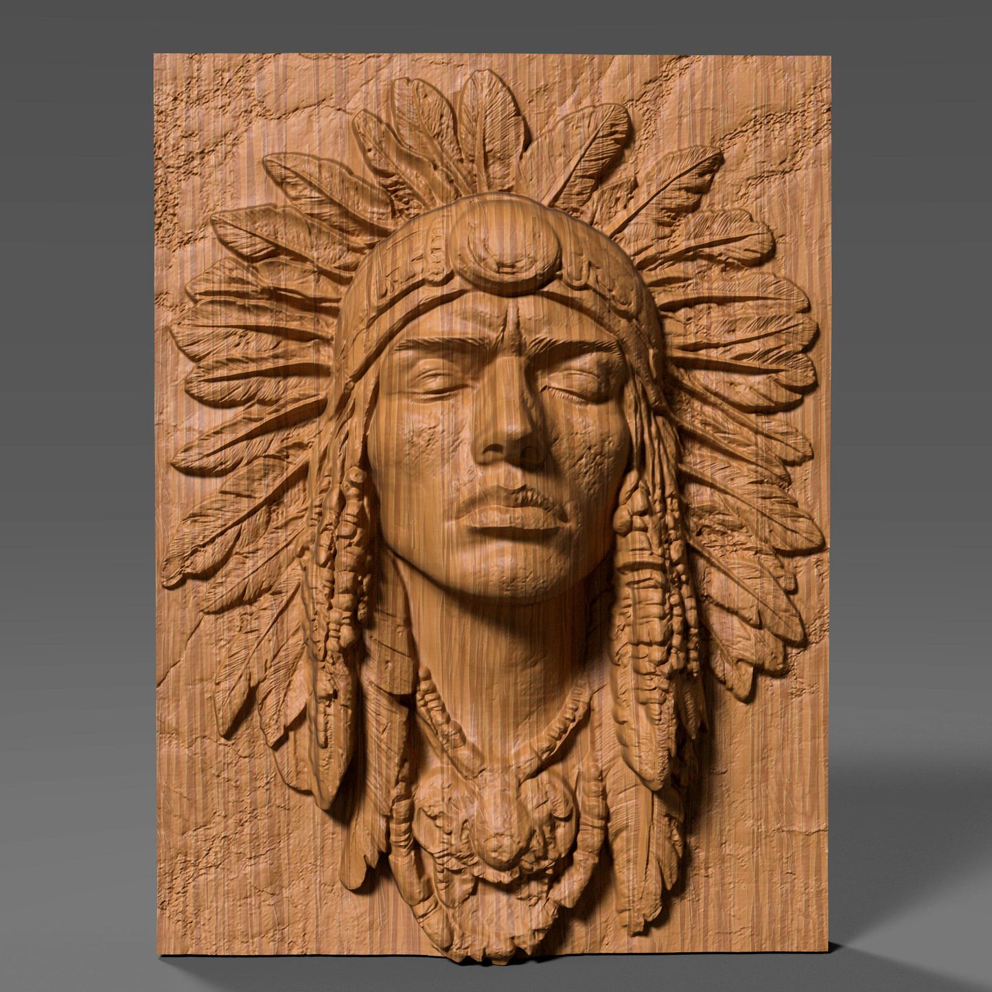 A detailed bas-relief carving of a Native American Indigenous man wearing a traditional feathered headdress, capturing strength and dignity in every line. The artwork is framed in a rectangular slab and ideal for CNC carving, 3D printing, or laser engraving in wood, stone, or ivory-like materials. This tribal chief design brings cultural depth and historical spirit to rustic or heritage-inspired interiors and is a powerful piece for collectors or gift-giving.