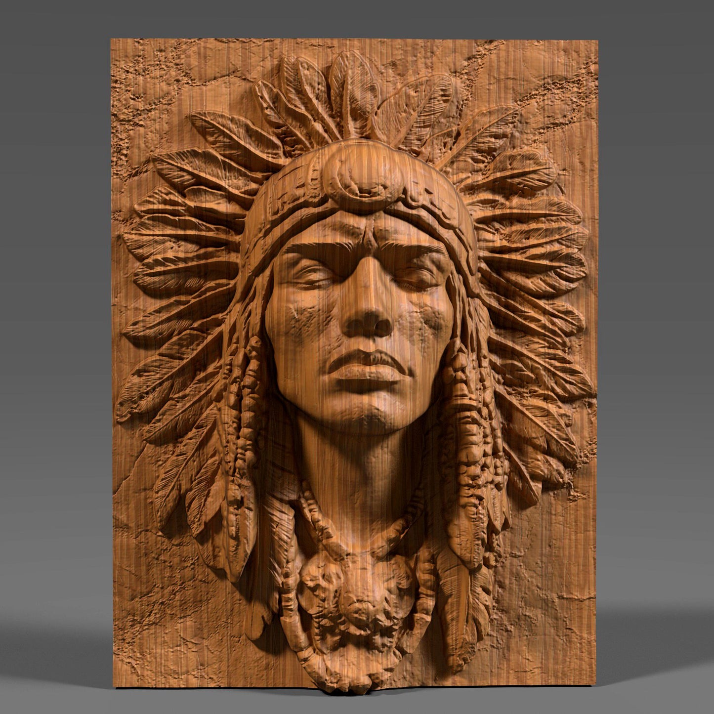 A detailed bas-relief carving of a Native American Indigenous man wearing a traditional feathered headdress, capturing strength and dignity in every line. The artwork is framed in a rectangular slab and ideal for CNC carving, 3D printing, or laser engraving in wood, stone, or ivory-like materials. This tribal chief design brings cultural depth and historical spirit to rustic or heritage-inspired interiors and is a powerful piece for collectors or gift-giving.