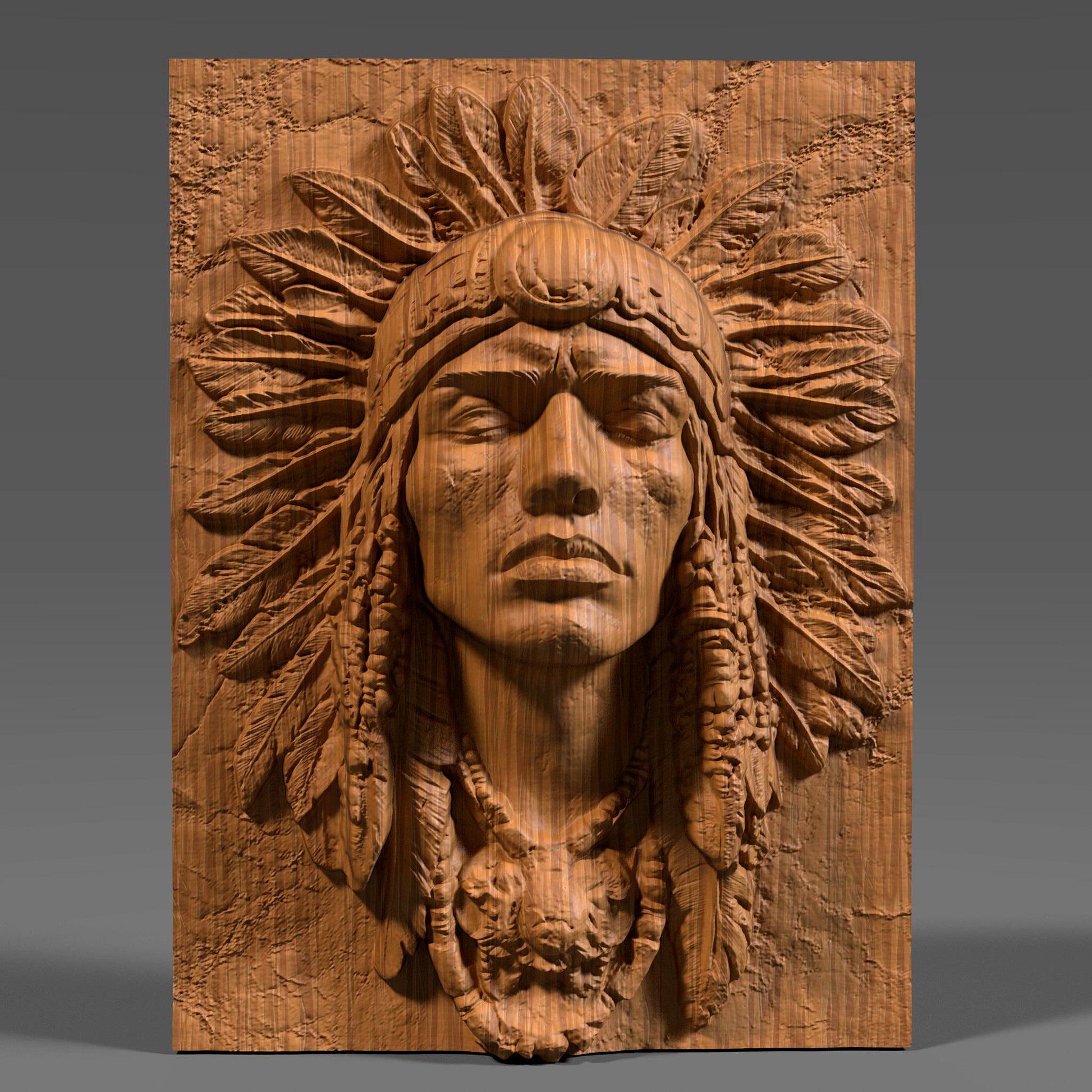 A detailed bas-relief carving of a Native American Indigenous man wearing a traditional feathered headdress, capturing strength and dignity in every line. The artwork is framed in a rectangular slab and ideal for CNC carving, 3D printing, or laser engraving in wood, stone, or ivory-like materials. This tribal chief design brings cultural depth and historical spirit to rustic or heritage-inspired interiors and is a powerful piece for collectors or gift-giving.