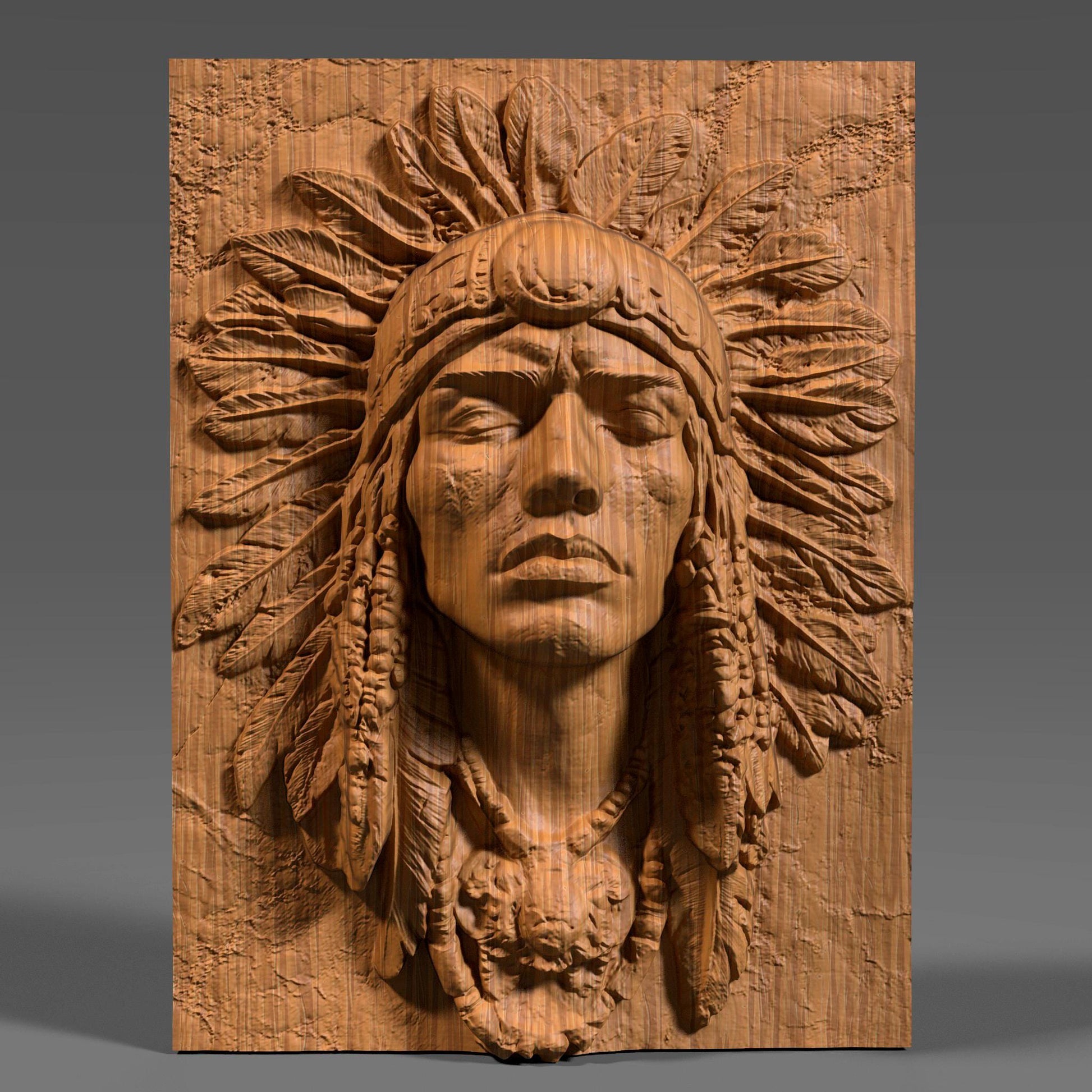 A detailed bas-relief carving of a Native American Indigenous man wearing a traditional feathered headdress, capturing strength and dignity in every line. The artwork is framed in a rectangular slab and ideal for CNC carving, 3D printing, or laser engraving in wood, stone, or ivory-like materials. This tribal chief design brings cultural depth and historical spirit to rustic or heritage-inspired interiors and is a powerful piece for collectors or gift-giving.