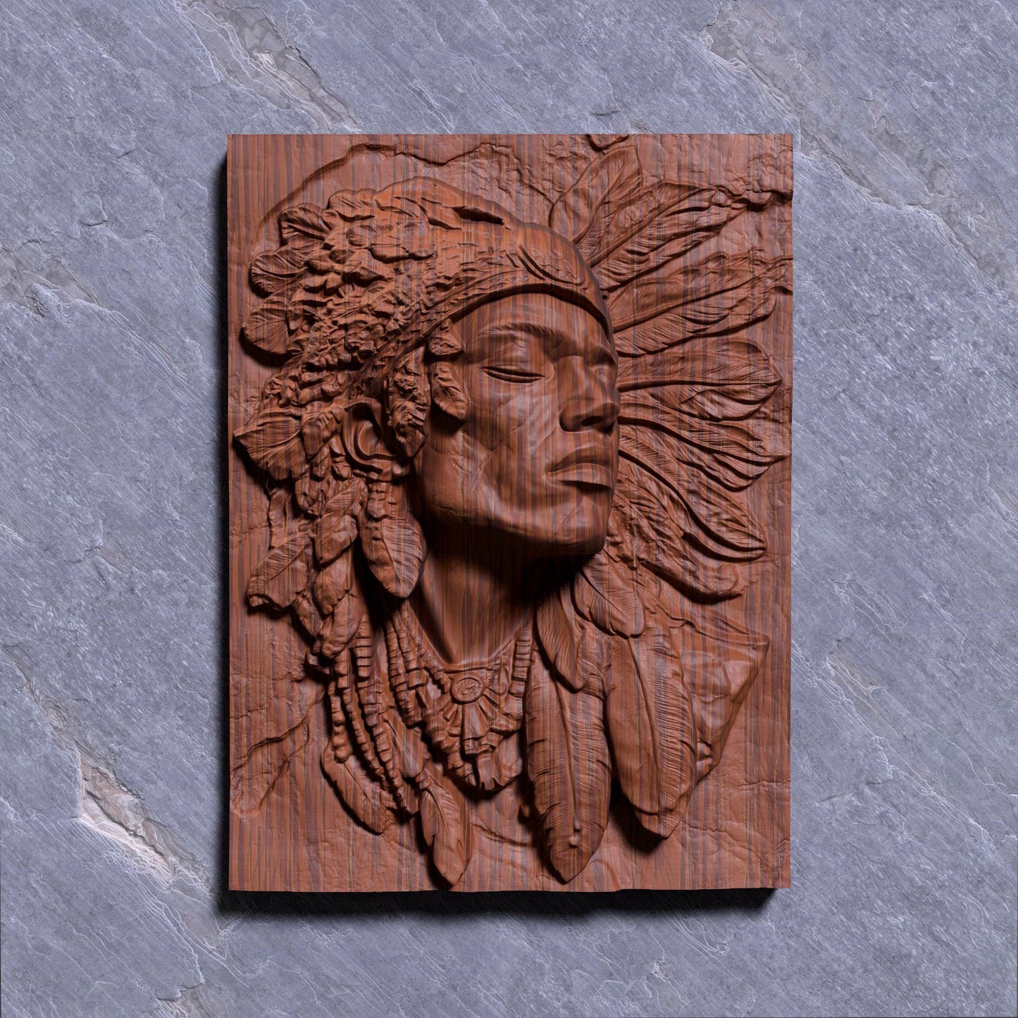 A detailed bas-relief carving of a Native American Indigenous man wearing a traditional feathered headdress, capturing strength and dignity in every line. The artwork is framed in a rectangular slab and ideal for CNC carving, 3D printing, or laser engraving in wood, stone, or ivory-like materials. This tribal chief design brings cultural depth and historical spirit to rustic or heritage-inspired interiors and is a powerful piece for collectors or gift-giving.