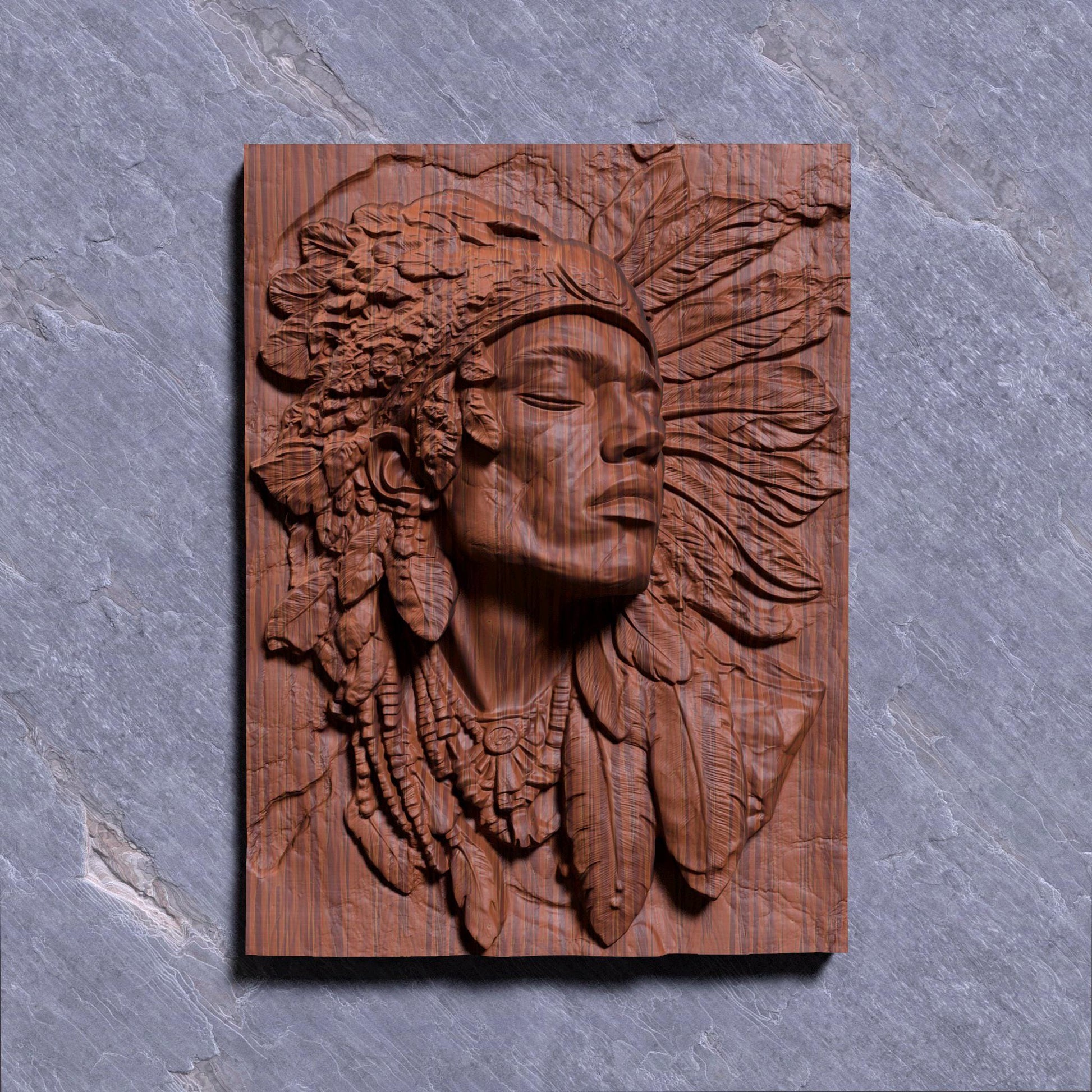 A detailed bas-relief carving of a Native American Indigenous man wearing a traditional feathered headdress, capturing strength and dignity in every line. The artwork is framed in a rectangular slab and ideal for CNC carving, 3D printing, or laser engraving in wood, stone, or ivory-like materials. This tribal chief design brings cultural depth and historical spirit to rustic or heritage-inspired interiors and is a powerful piece for collectors or gift-giving.