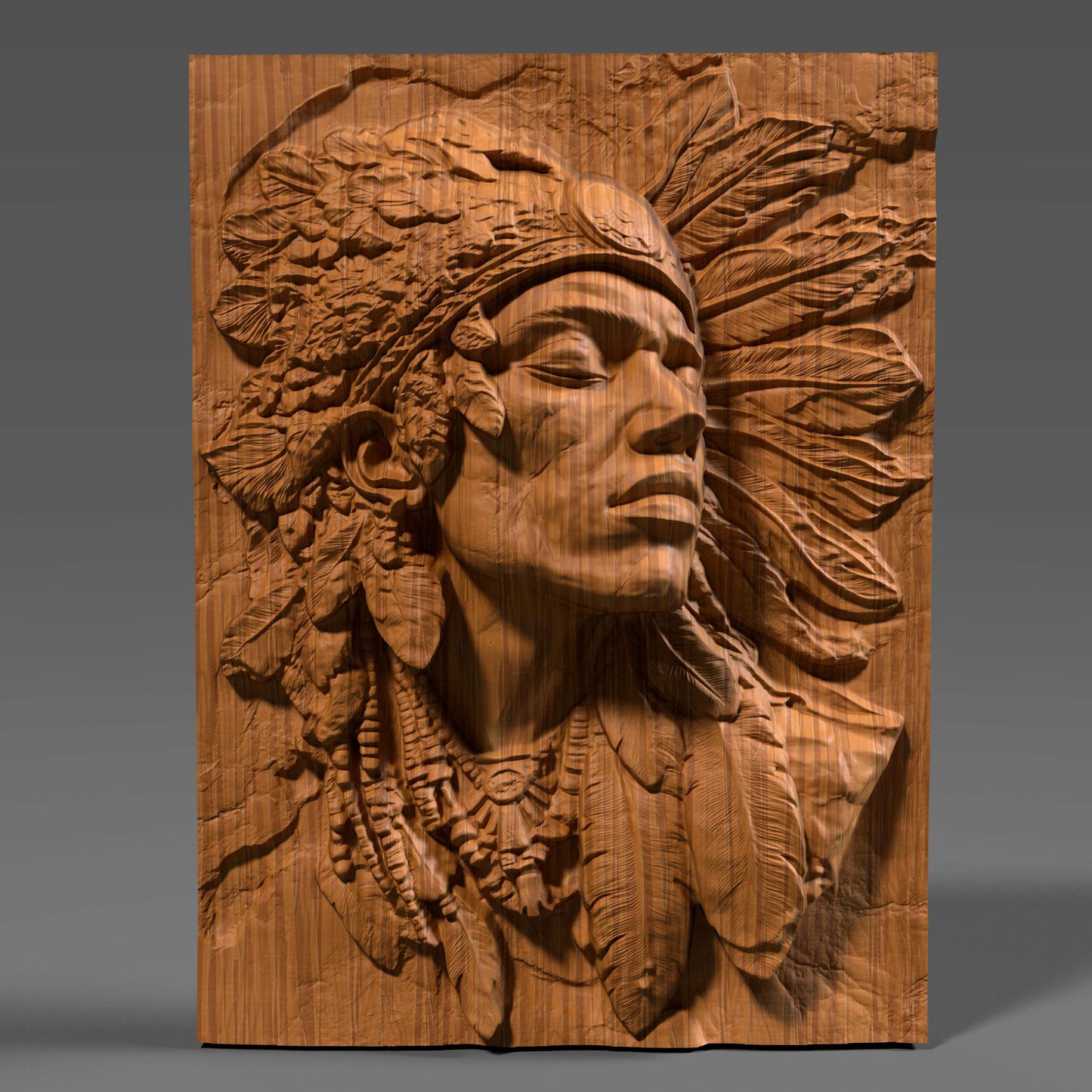 A detailed bas-relief carving of a Native American Indigenous man wearing a traditional feathered headdress, capturing strength and dignity in every line. The artwork is framed in a rectangular slab and ideal for CNC carving, 3D printing, or laser engraving in wood, stone, or ivory-like materials. This tribal chief design brings cultural depth and historical spirit to rustic or heritage-inspired interiors and is a powerful piece for collectors or gift-giving.