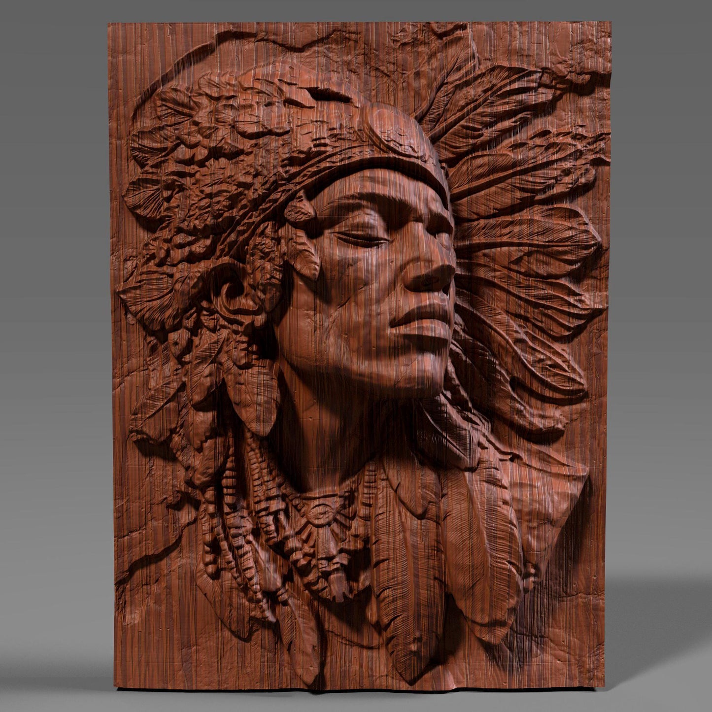 A detailed bas-relief carving of a Native American Indigenous man wearing a traditional feathered headdress, capturing strength and dignity in every line. The artwork is framed in a rectangular slab and ideal for CNC carving, 3D printing, or laser engraving in wood, stone, or ivory-like materials. This tribal chief design brings cultural depth and historical spirit to rustic or heritage-inspired interiors and is a powerful piece for collectors or gift-giving.