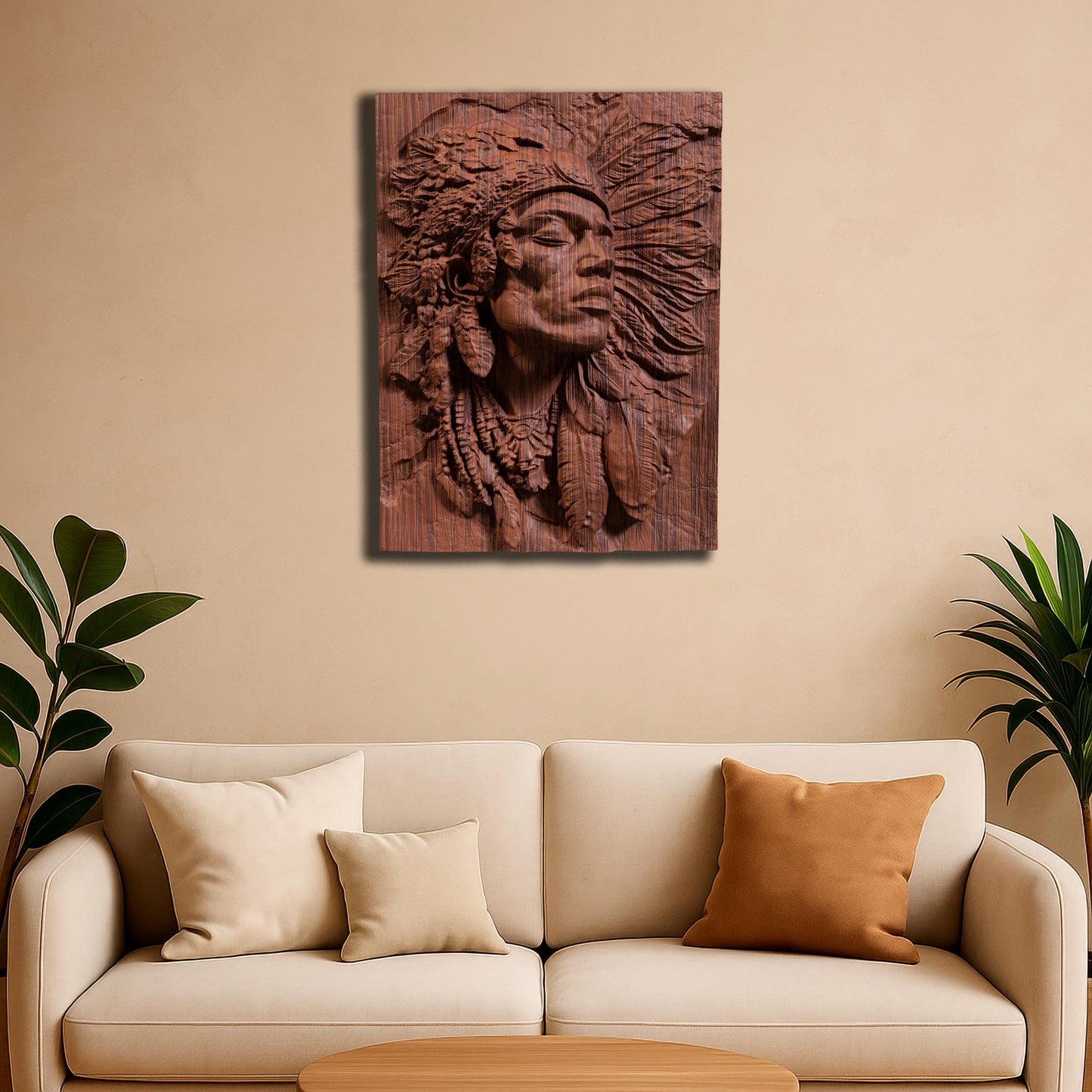 A detailed bas-relief carving of a Native American Indigenous man wearing a traditional feathered headdress, capturing strength and dignity in every line. The artwork is framed in a rectangular slab and ideal for CNC carving, 3D printing, or laser engraving in wood, stone, or ivory-like materials. This tribal chief design brings cultural depth and historical spirit to rustic or heritage-inspired interiors and is a powerful piece for collectors or gift-giving.