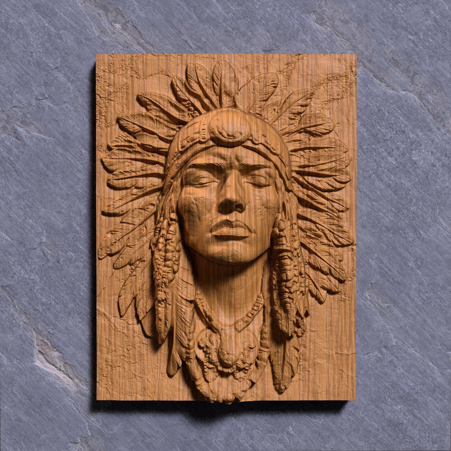 A detailed bas-relief carving of a Native American Indigenous man wearing a traditional feathered headdress, capturing strength and dignity in every line. The artwork is framed in a rectangular slab and ideal for CNC carving, 3D printing, or laser engraving in wood, stone, or ivory-like materials. This tribal chief design brings cultural depth and historical spirit to rustic or heritage-inspired interiors and is a powerful piece for collectors or gift-giving.