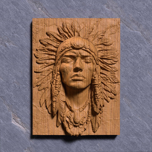 A detailed bas-relief carving of a Native American Indigenous man wearing a traditional feathered headdress, capturing strength and dignity in every line. The artwork is framed in a rectangular slab and ideal for CNC carving, 3D printing, or laser engraving in wood, stone, or ivory-like materials. This tribal chief design brings cultural depth and historical spirit to rustic or heritage-inspired interiors and is a powerful piece for collectors or gift-giving.