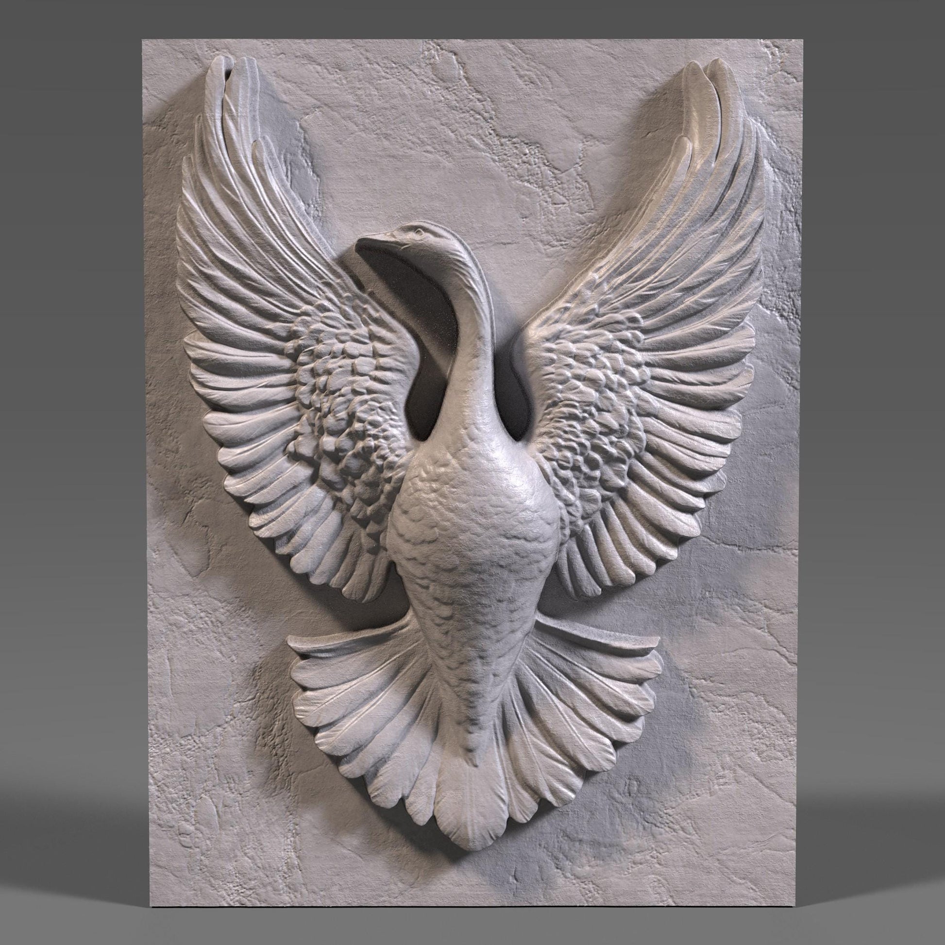 Stunning bas-relief sculpture of a Canada goose with wings fully spread in an elegant, upward motion. This detailed 3D artwork is ideal for CNC carving, laser engraving, or 3D printing in wood, resin, or ivory-style material. A perfect piece for wildlife lovers, rustic home décor, cabin walls, or patriotic gifts, symbolizing strength and grace in flight—bringing natural beauty to any interior setting.